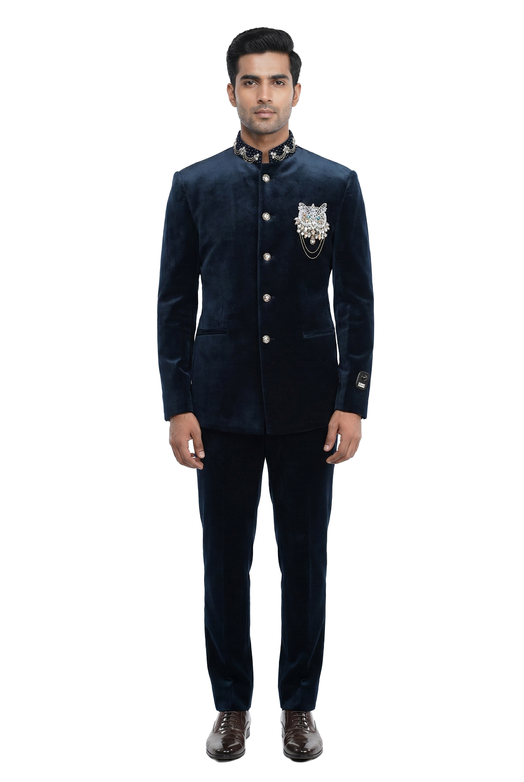 Navy Blue Velvet Bandhgala with Ornamental Brooch Detail