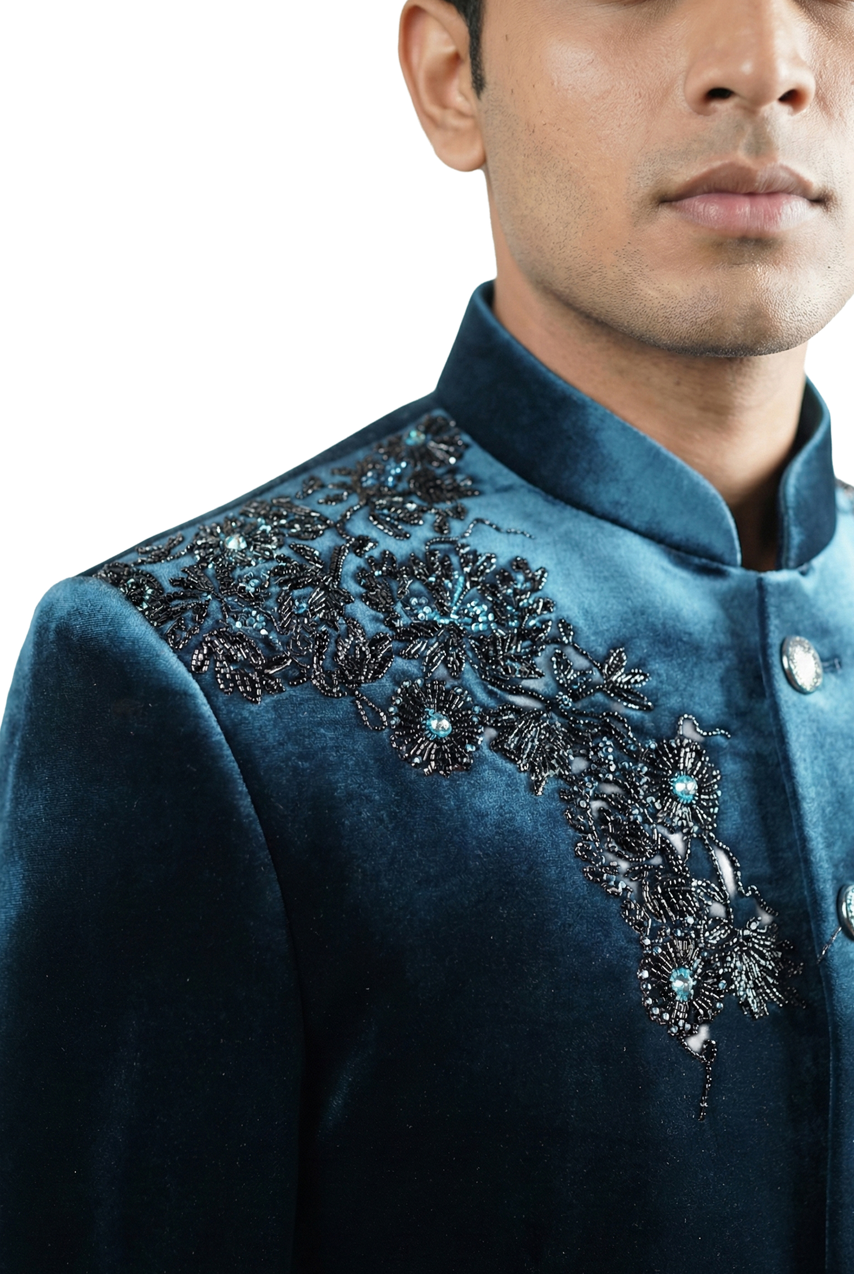 Teal Velvet Bandhgala with Floral Embroidery