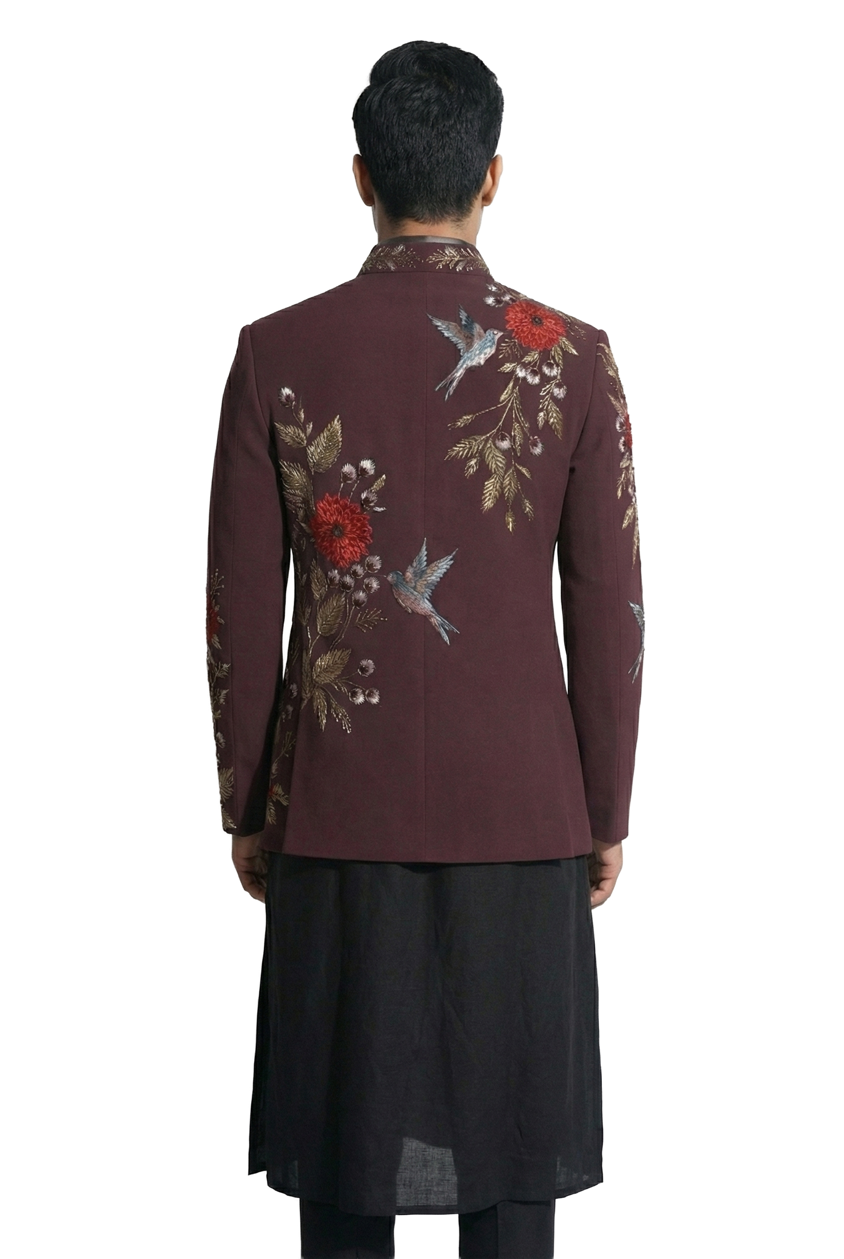 Wine Floral Embroidered Zip-Front Jacket Set