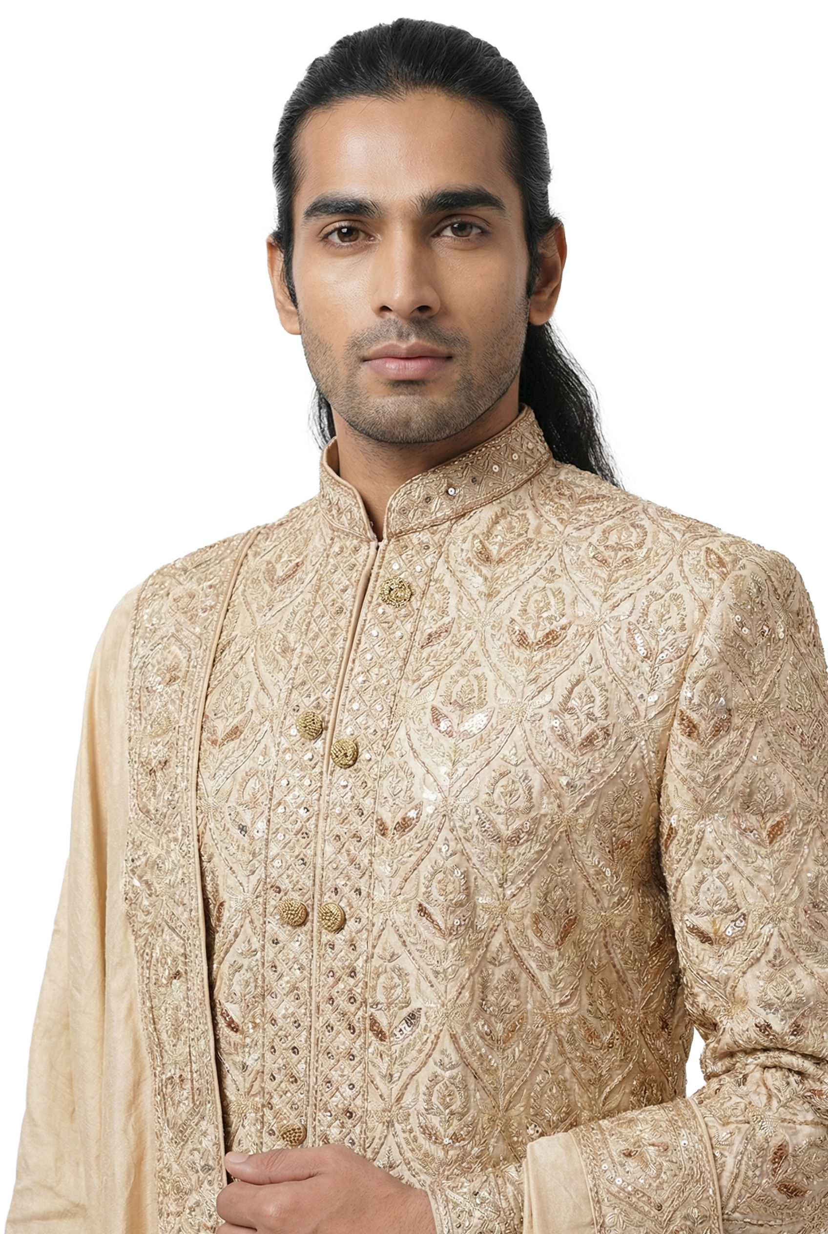 Champagne Gold Embroidered Sherwani Set
