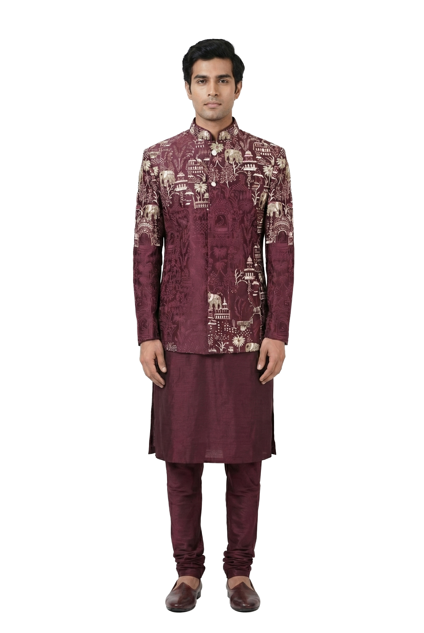 Wine Narrative Embroidered Bandhgala Set