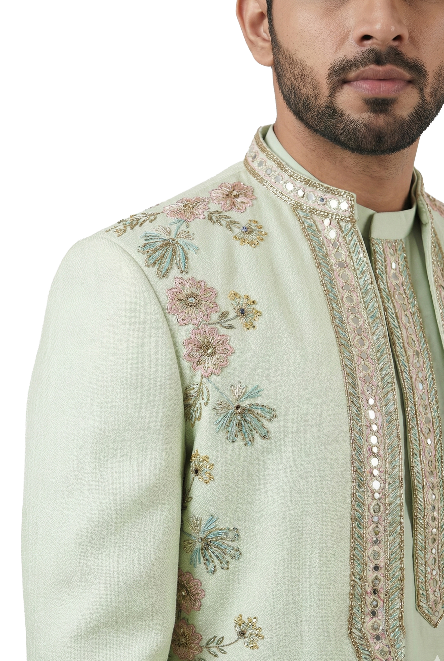 Mint Floral Embroidered Open-Style Jacket Set