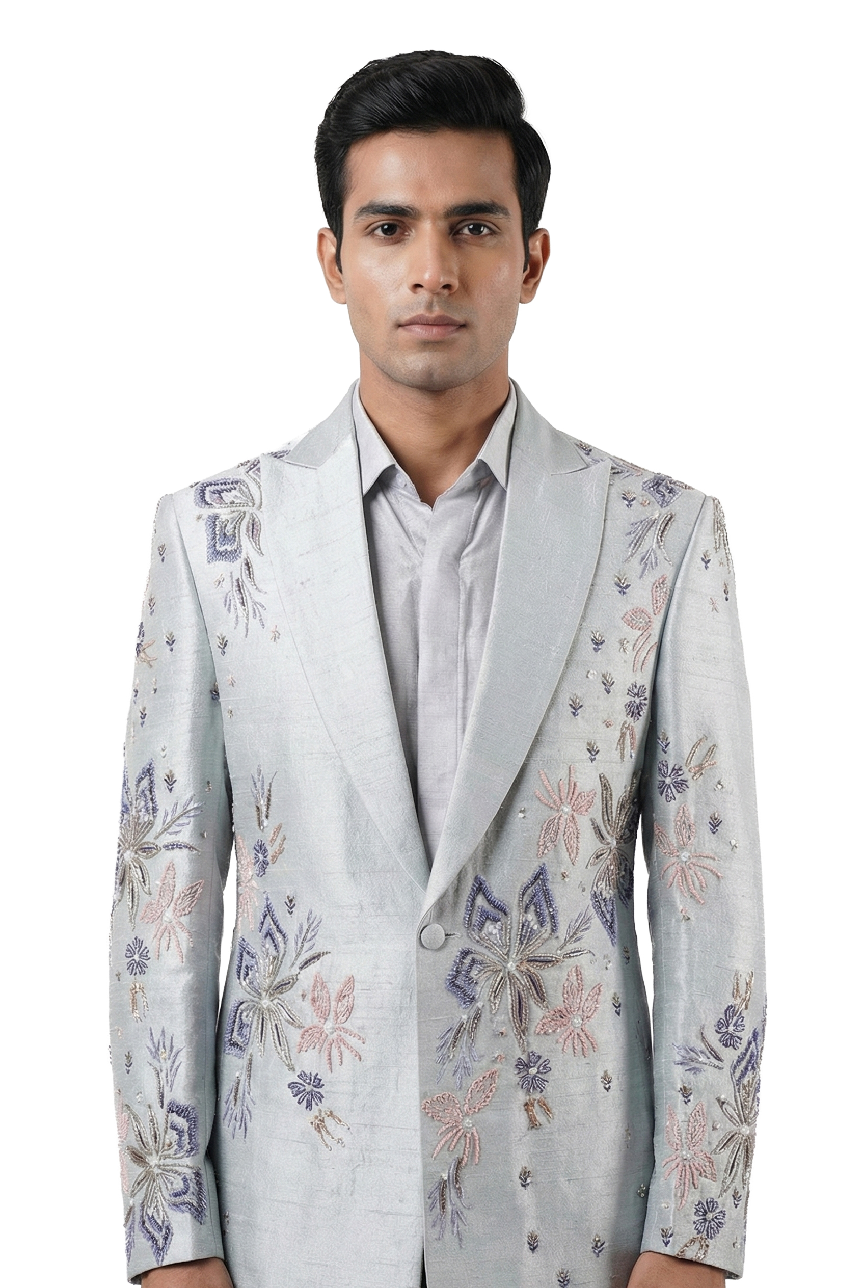 Powder Blue Floral Embroidered Blazer Jacket
