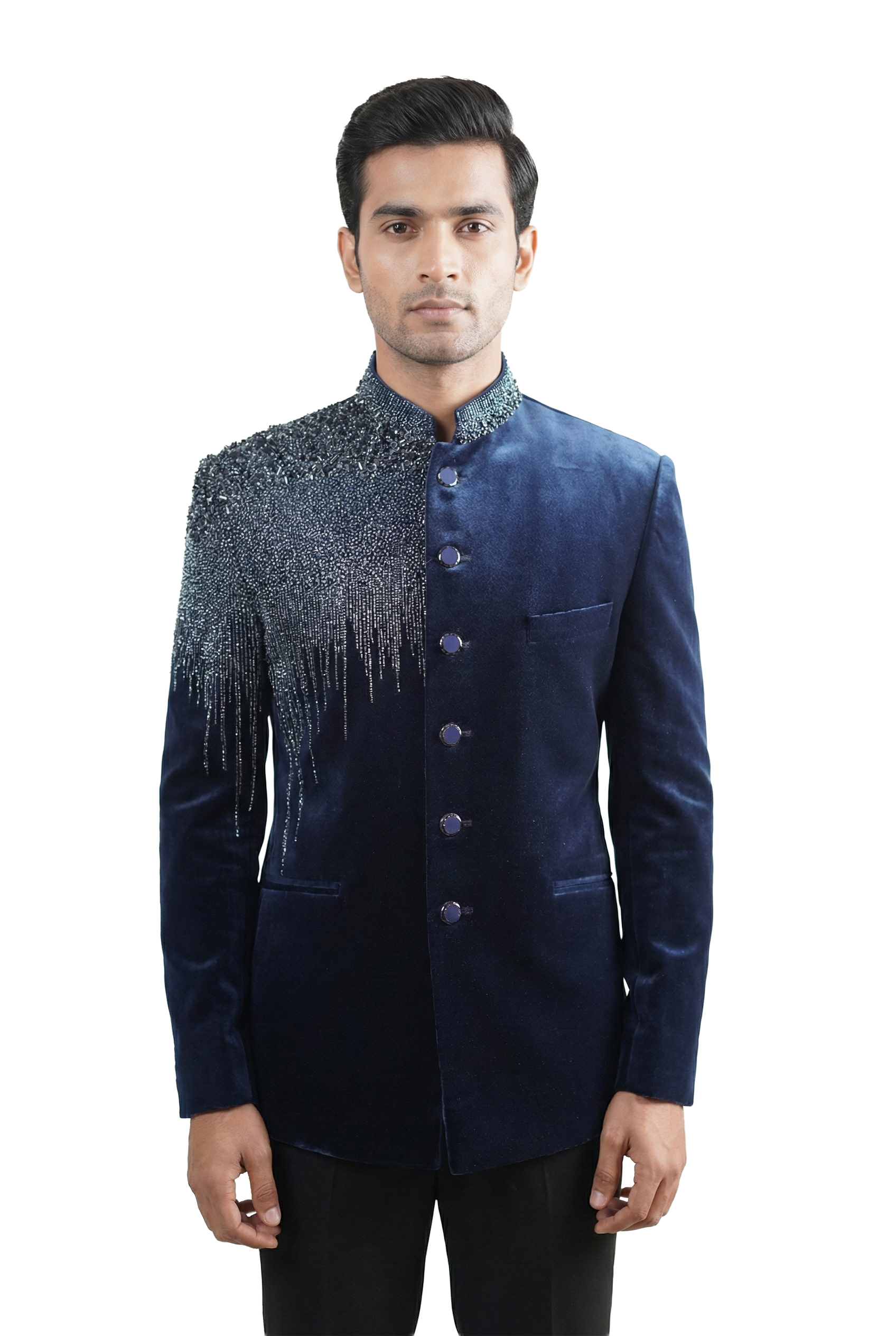 Navy Blue Velvet Bandhgala Jacket