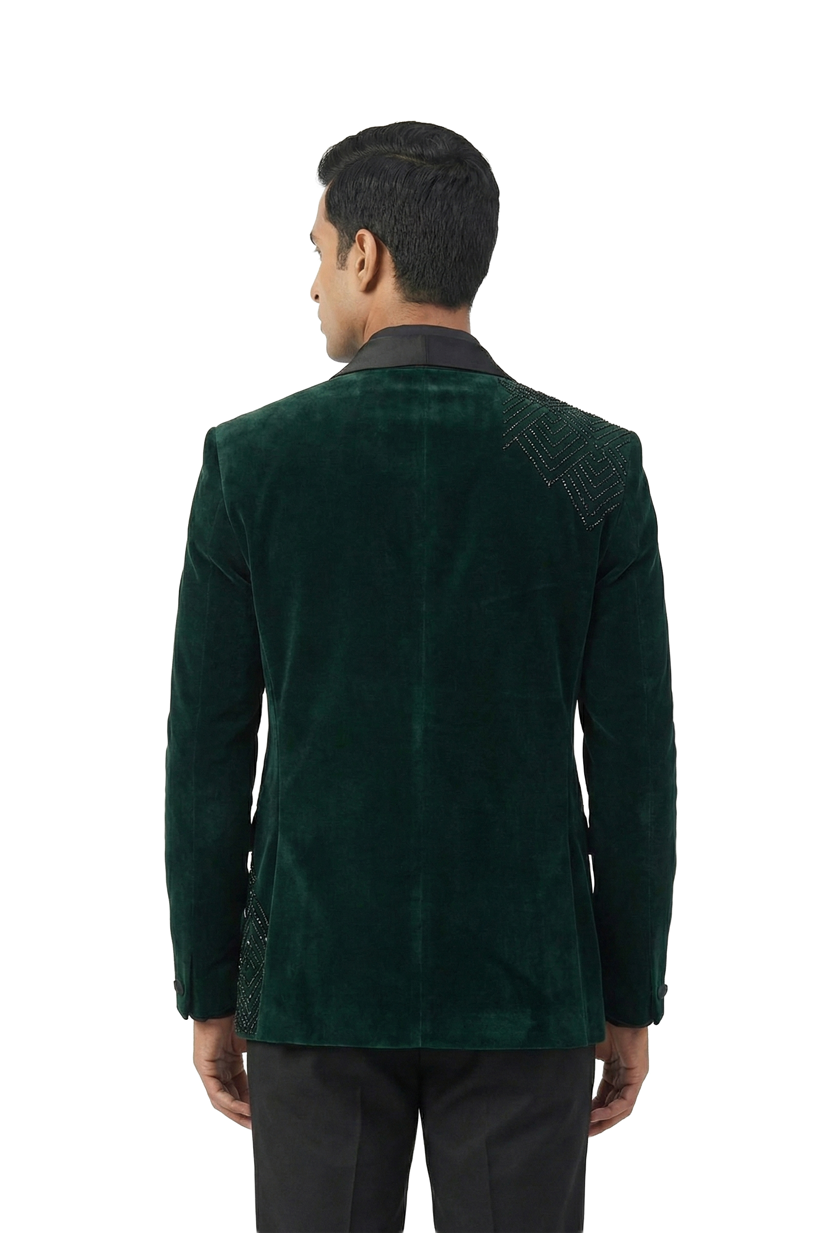 Green Velvet Tuxedo Set with Asymmetric Metallic Embroidery