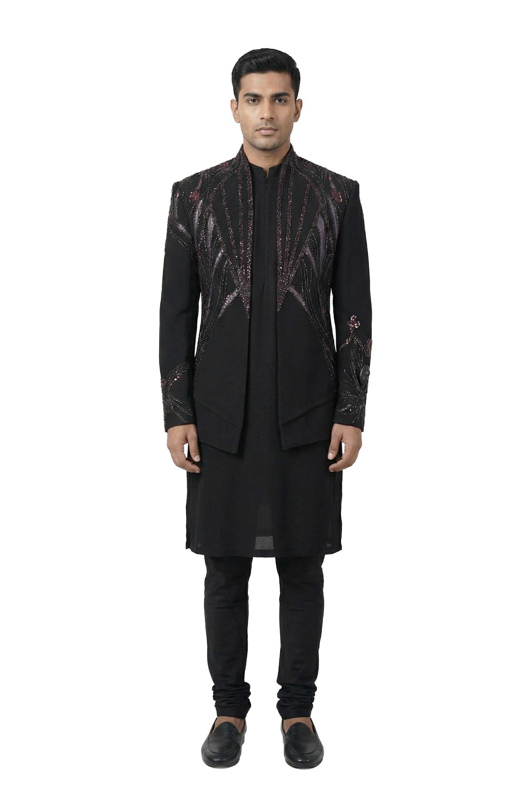 Black Gem-Embellished Open-Style Jacket Set