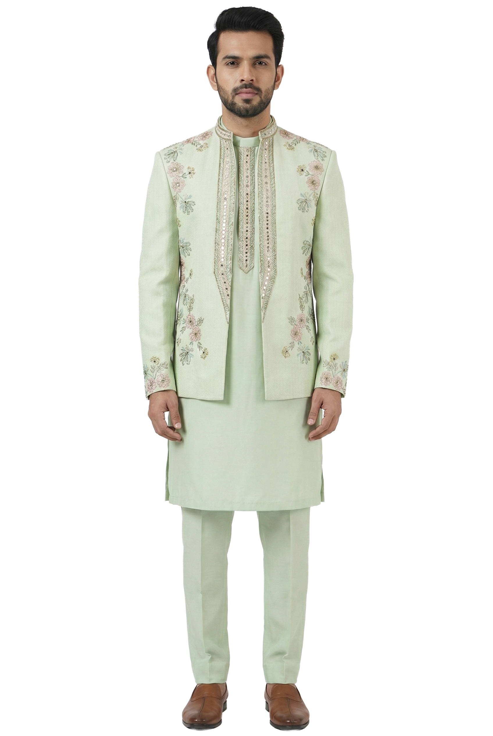 Mint Floral Embroidered Open-Style Jacket Set