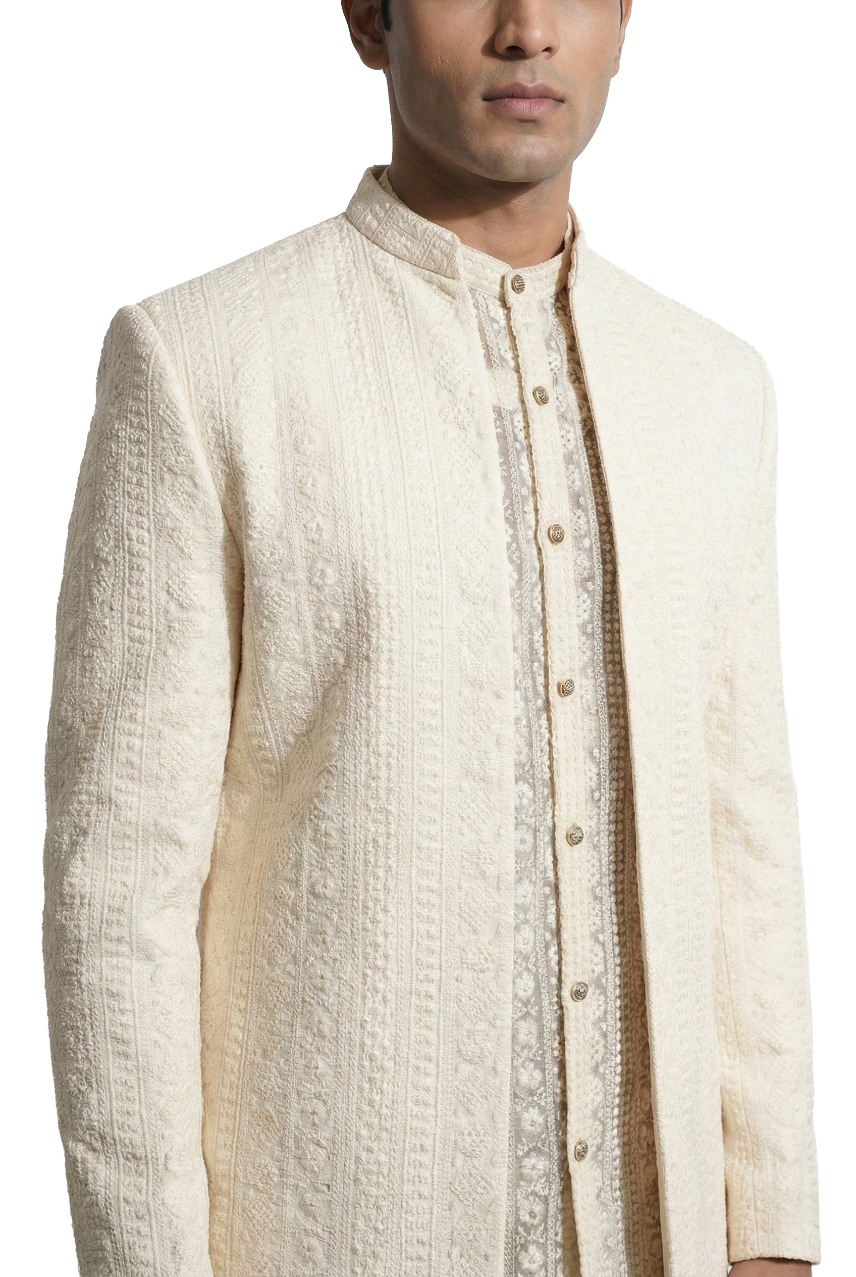 Ivory Textured Embroidered Open-Style Jacket Set