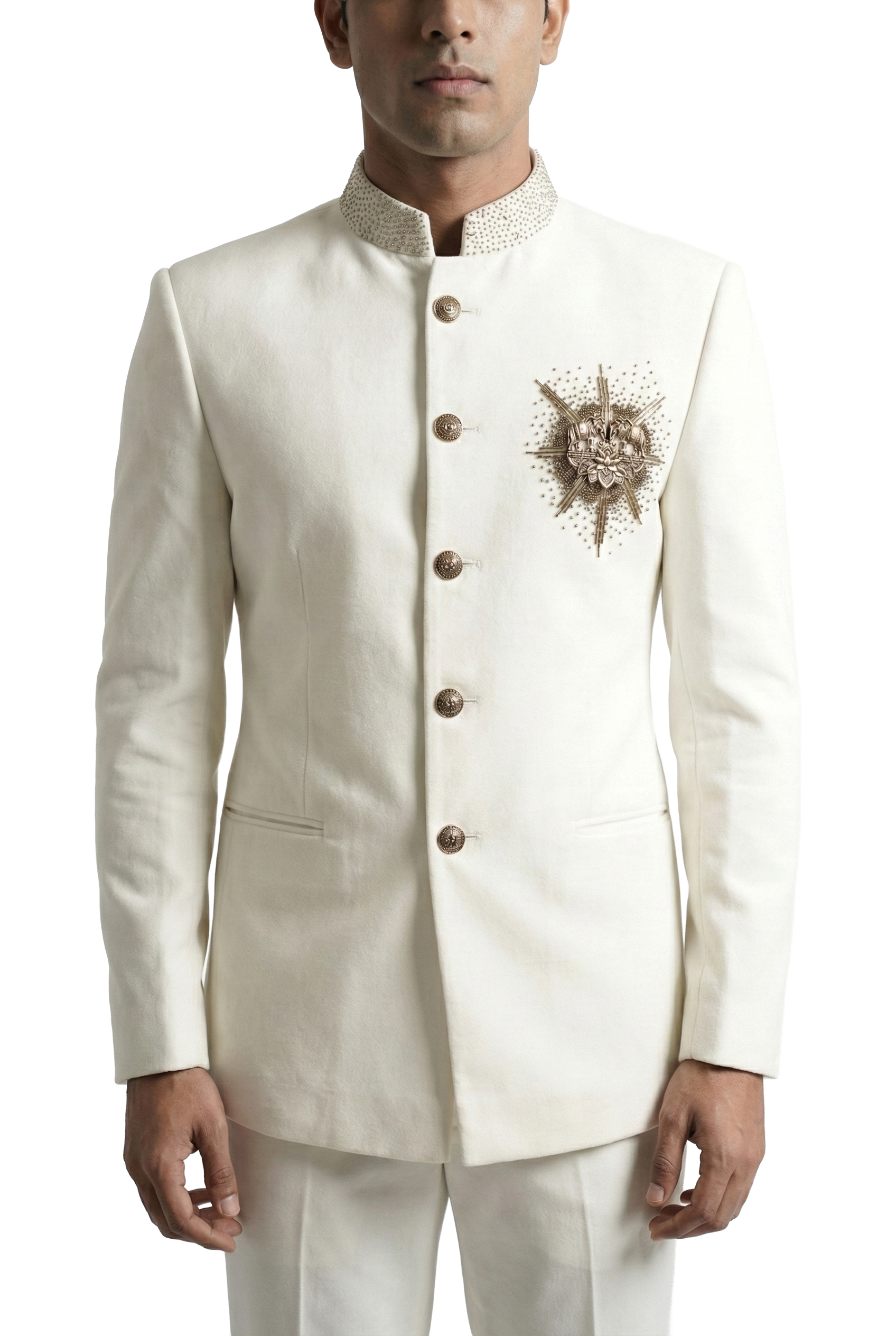 Ivory Bandhgala Jacket with Metallic Chest Ornament