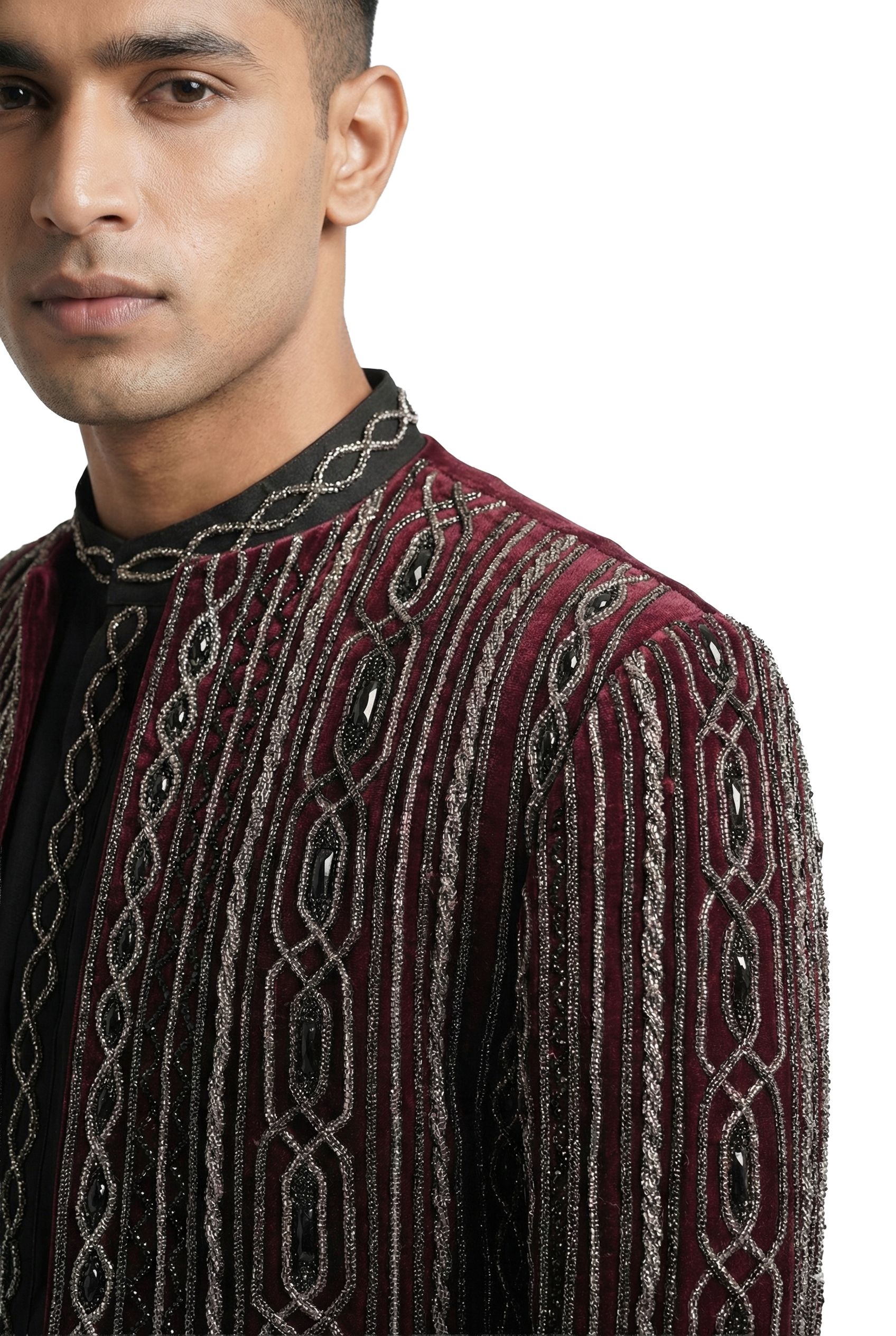 Maroon Gem-Encrusted Open-Style Jacket Set