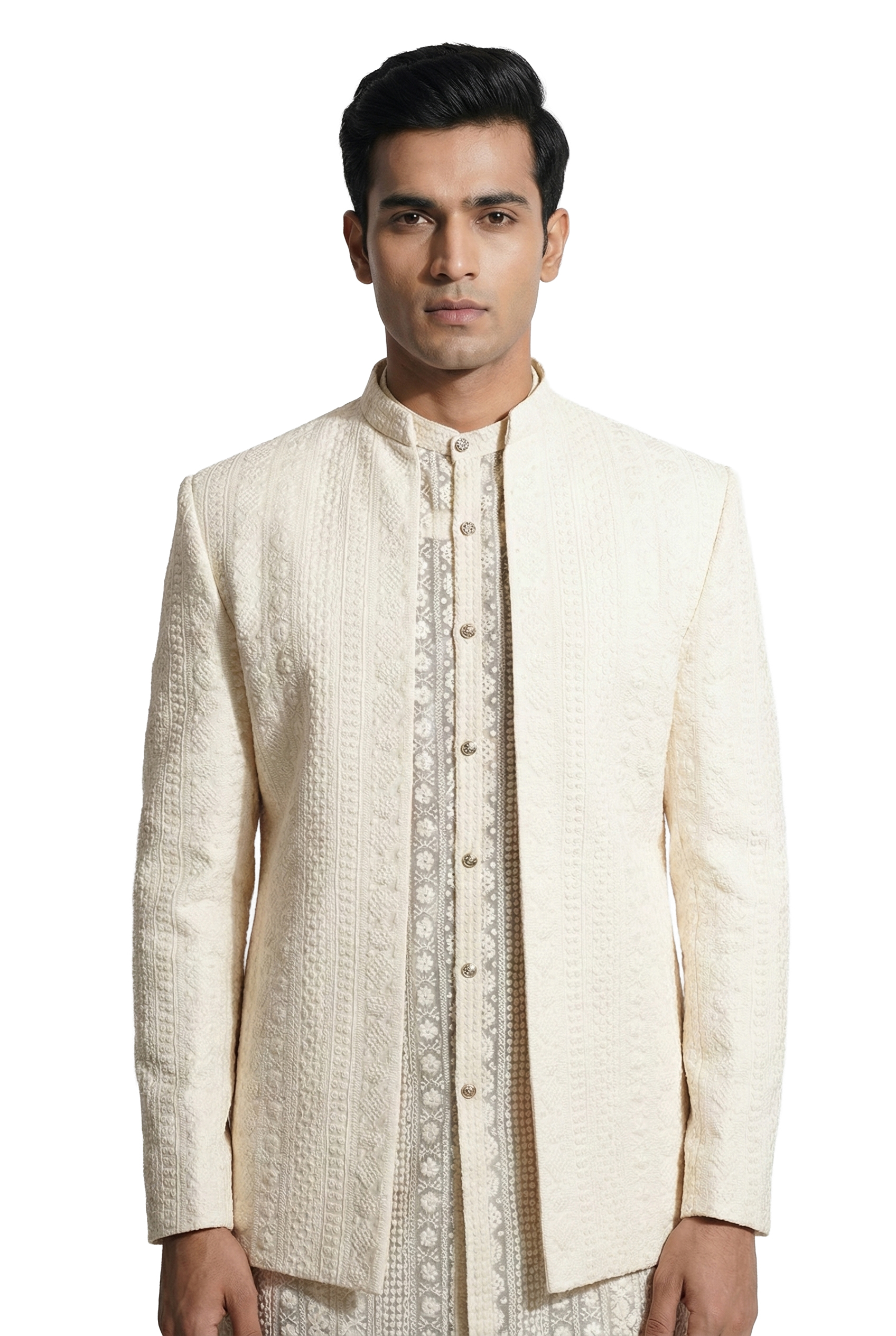 Ivory Textured Embroidered Open-Style Jacket Set