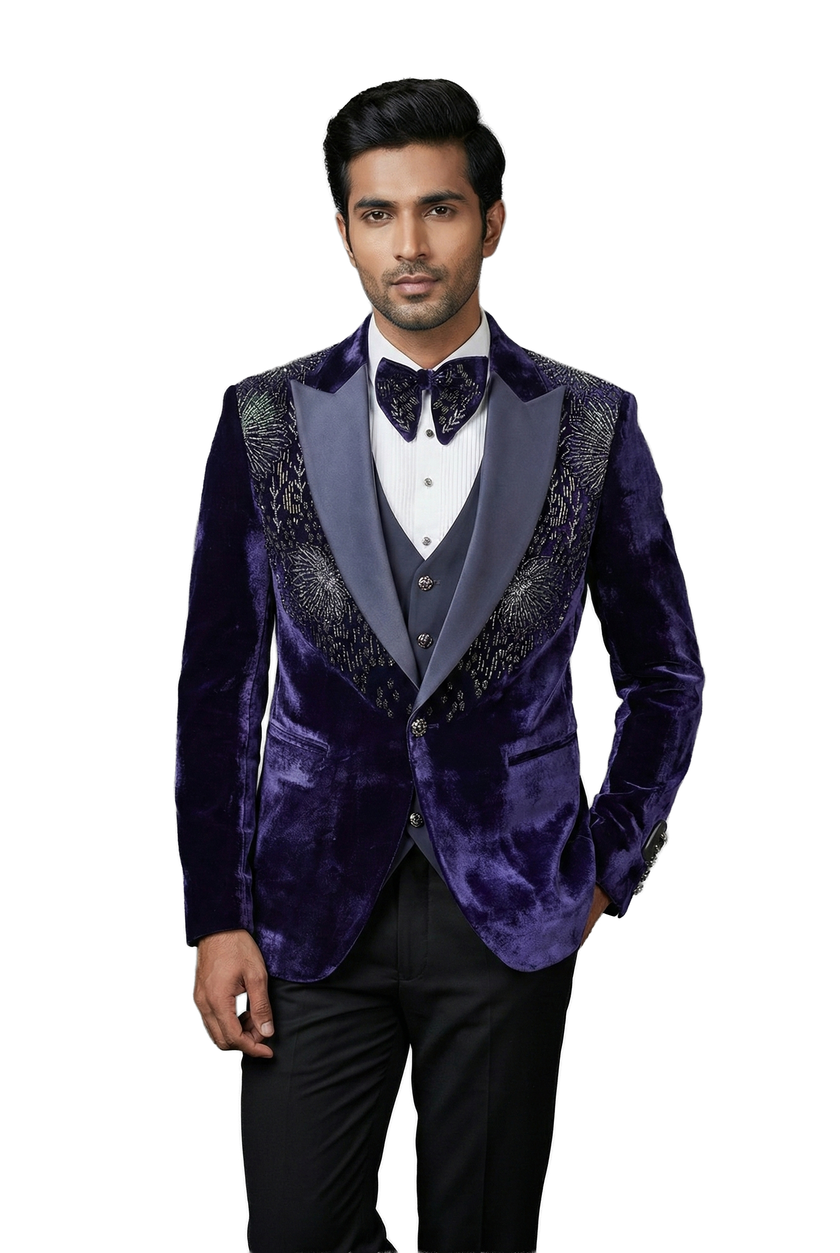 Navy Blue Embroidered Velvet Tuxedo Set