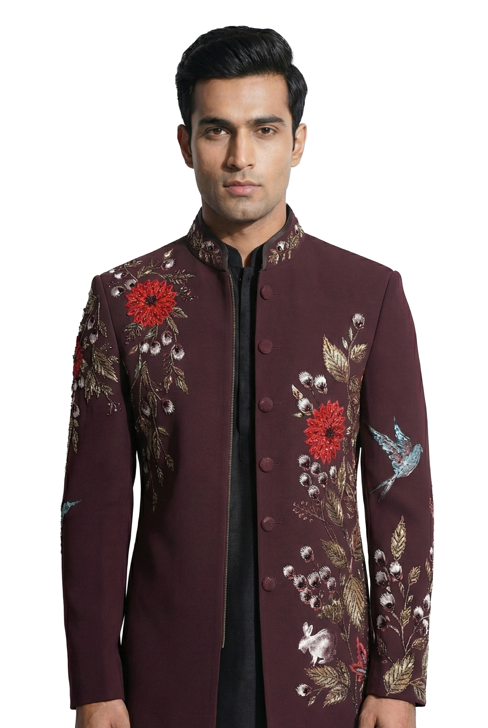 Wine Floral Embroidered Zip-Front Jacket Set