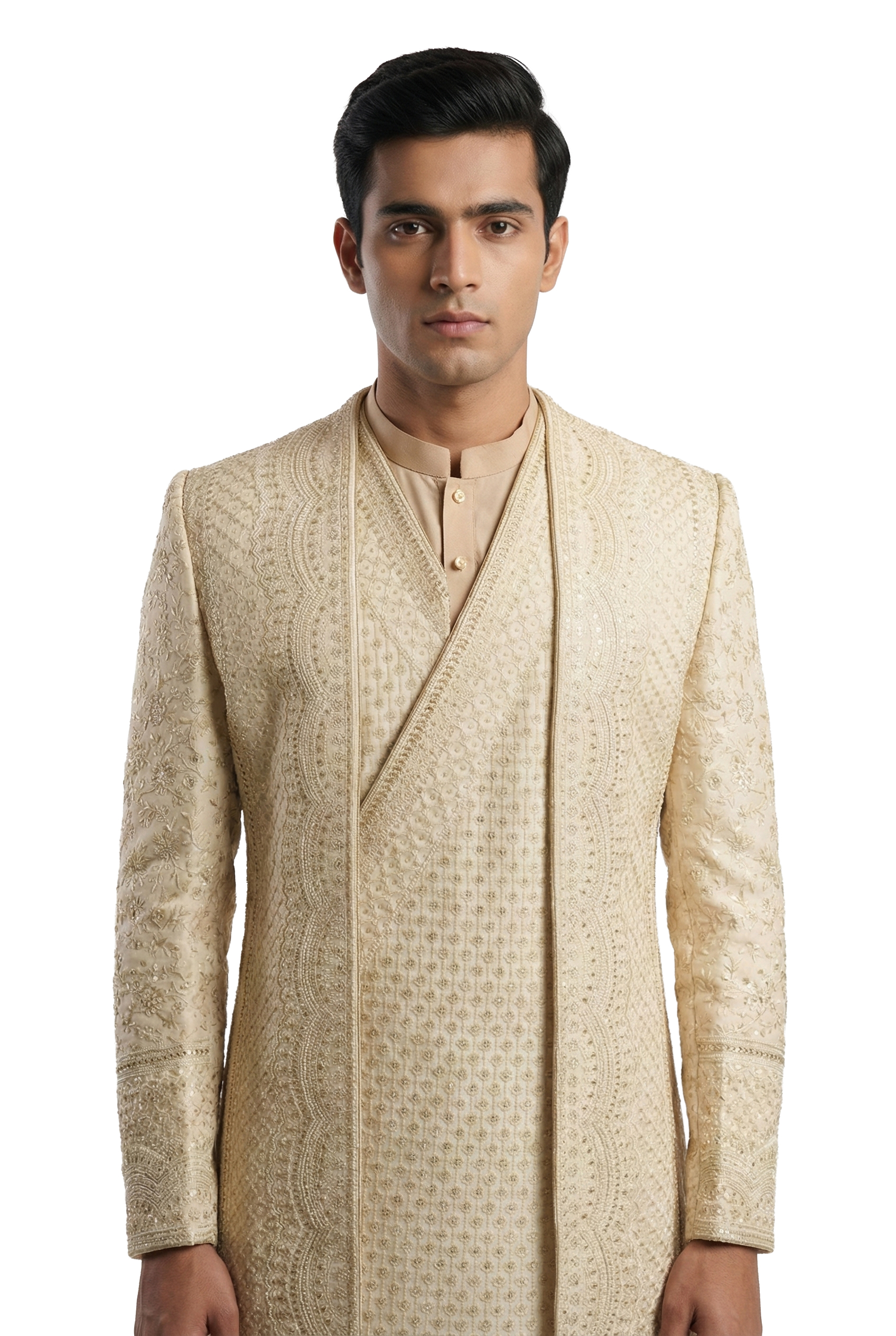 Ivory Layered Hand-Embroidered Sherwani