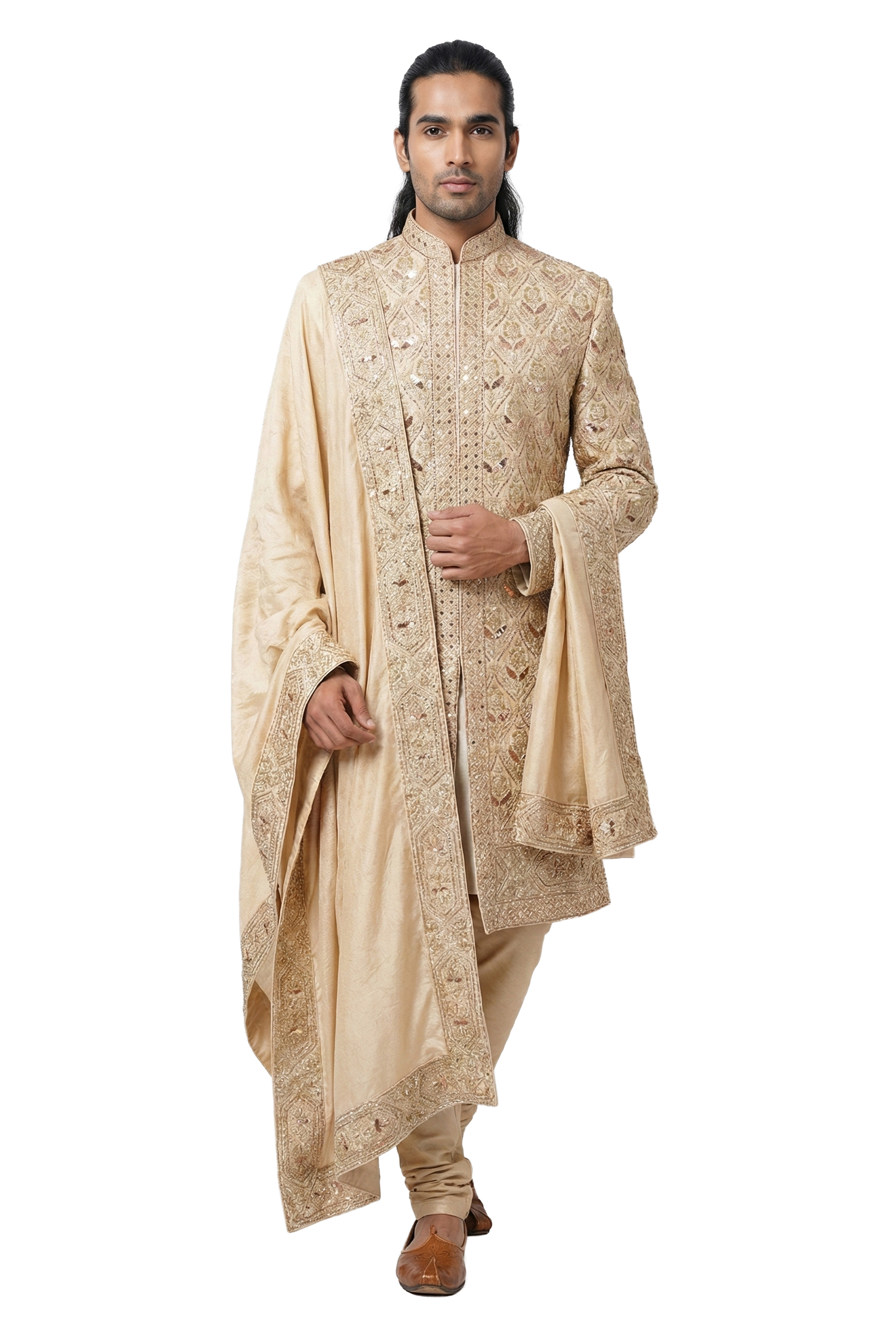 Champagne Gold Embroidered Sherwani Set