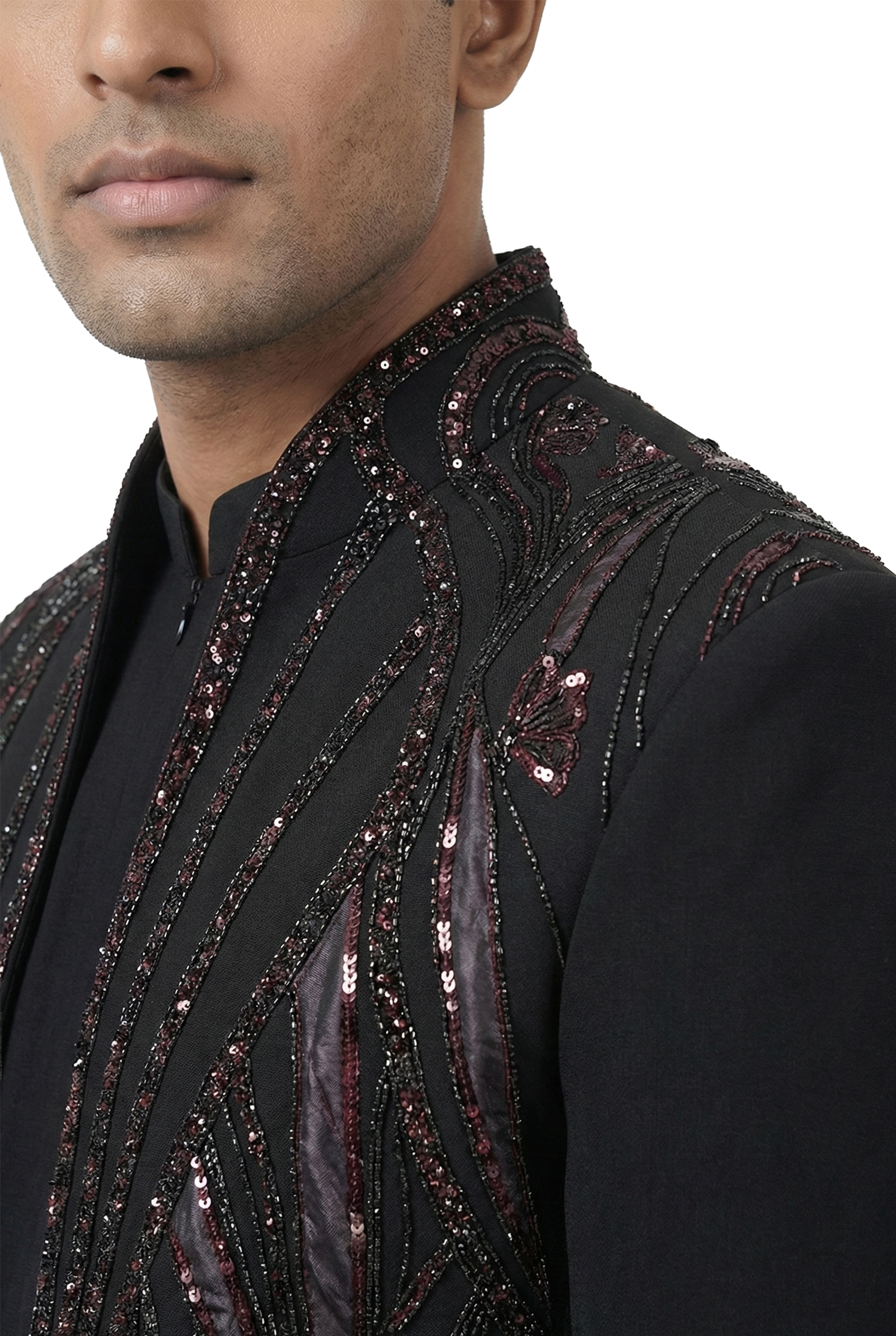 Black Gem-Embellished Open-Style Jacket Set