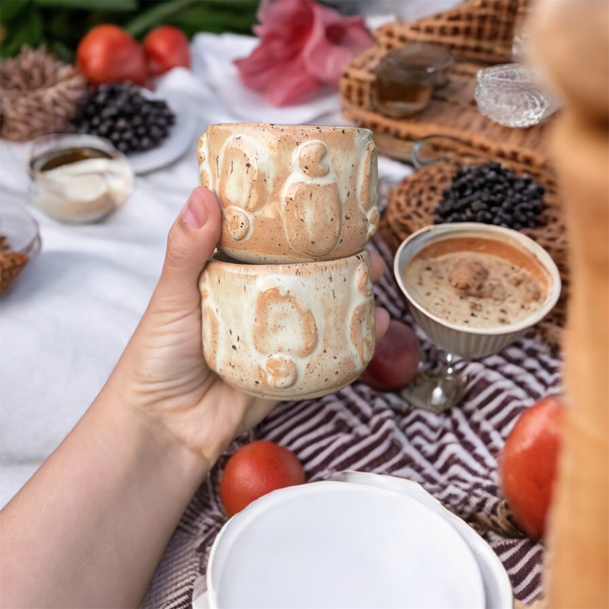 Conjunto de xícaras de cerâmica caju branco artesanal