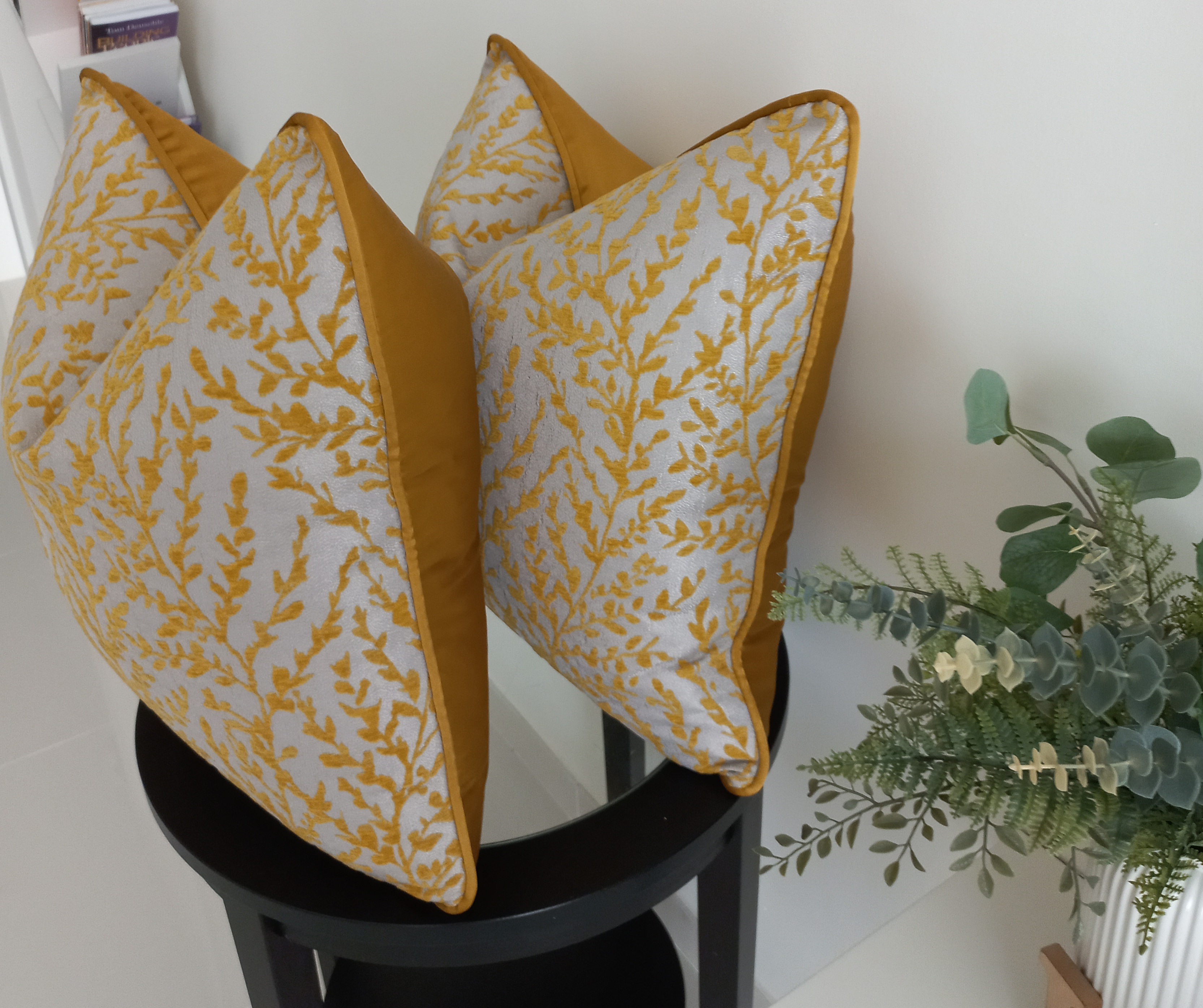 Yellow botanical print accent pillows