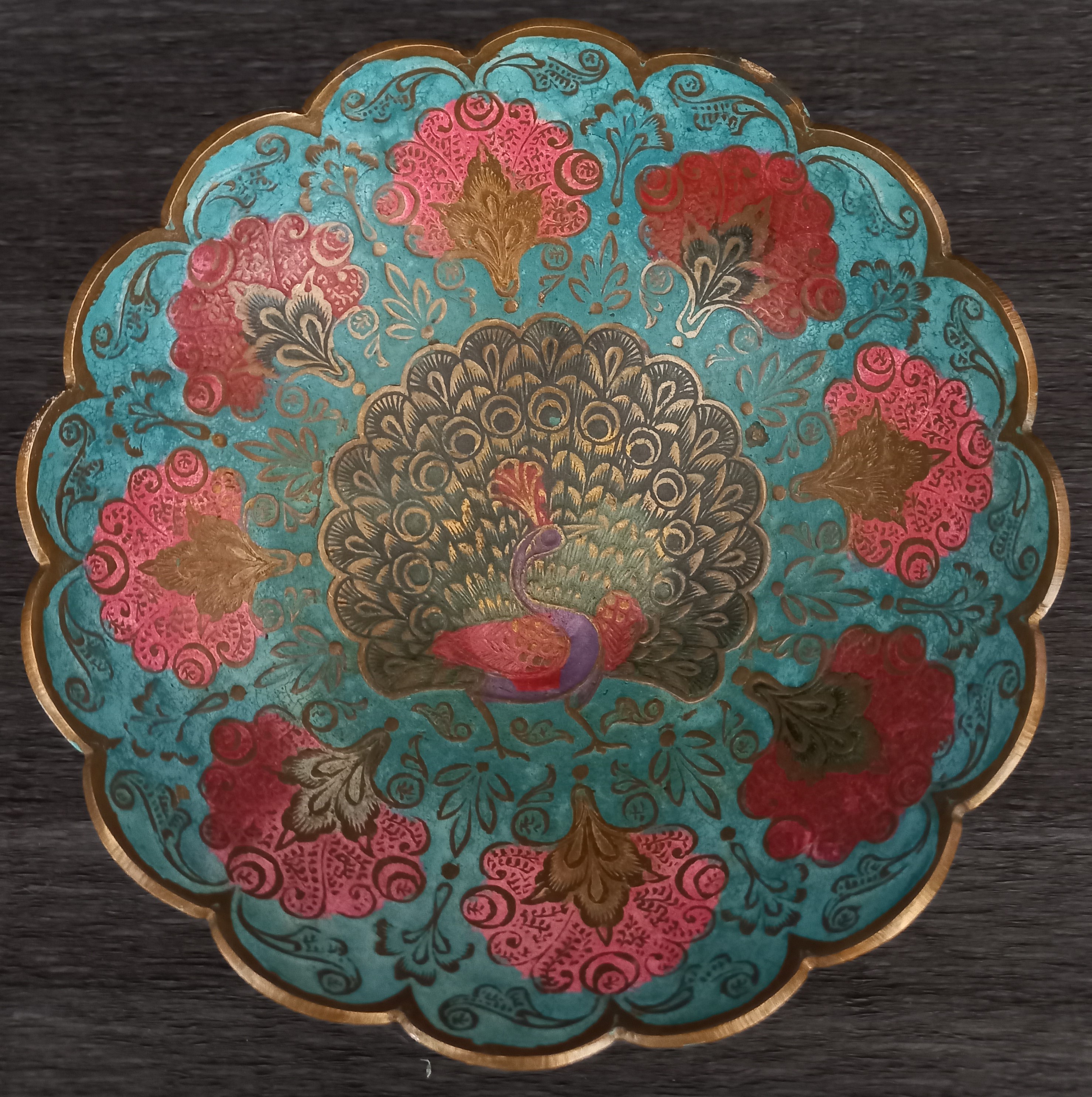 Ciotola cloissoné blu con pavone in ottone,  India ca.1970 