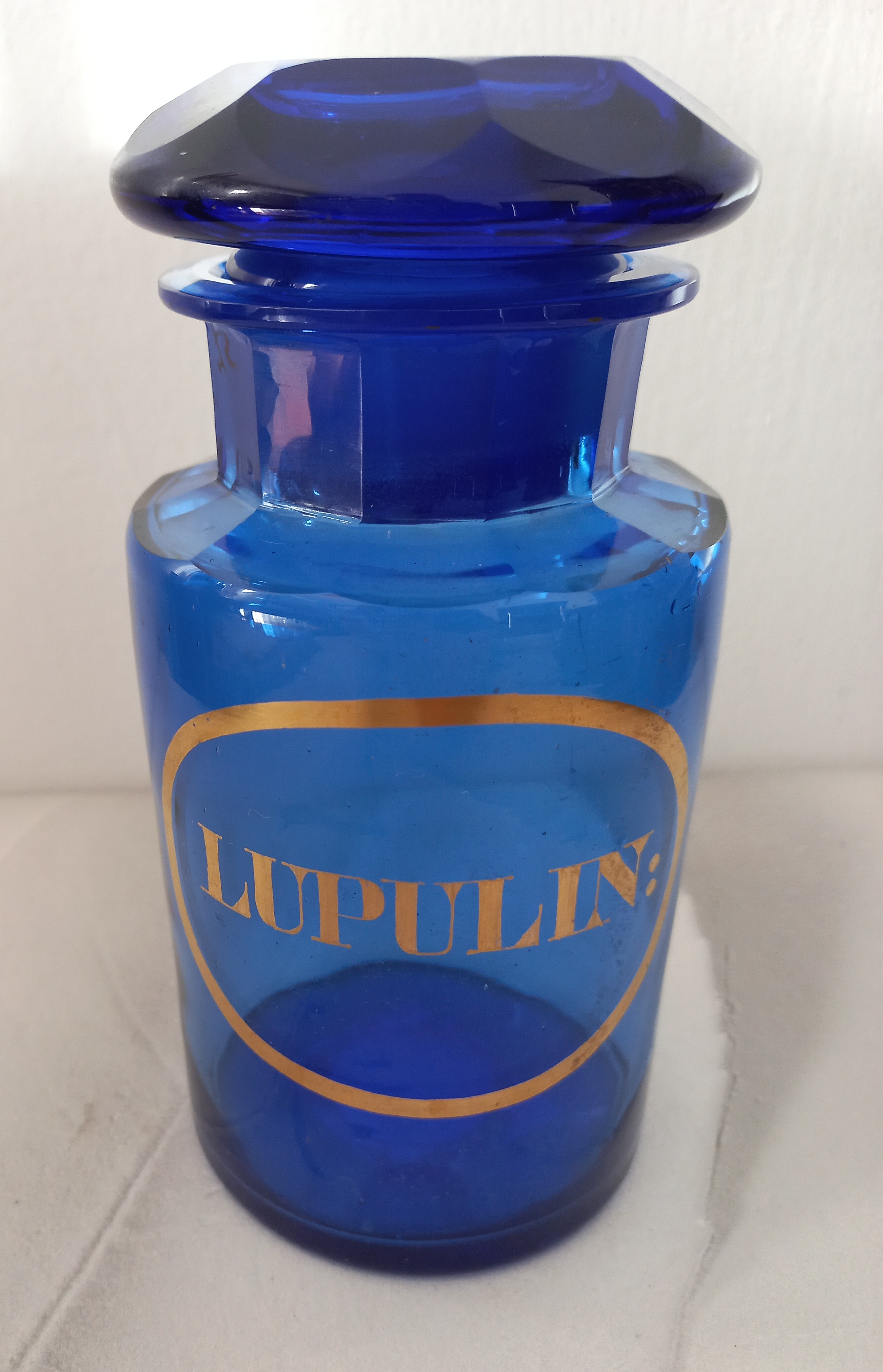 Vaso da farmacia "Lupulin" in vetro blu, ca. 1850