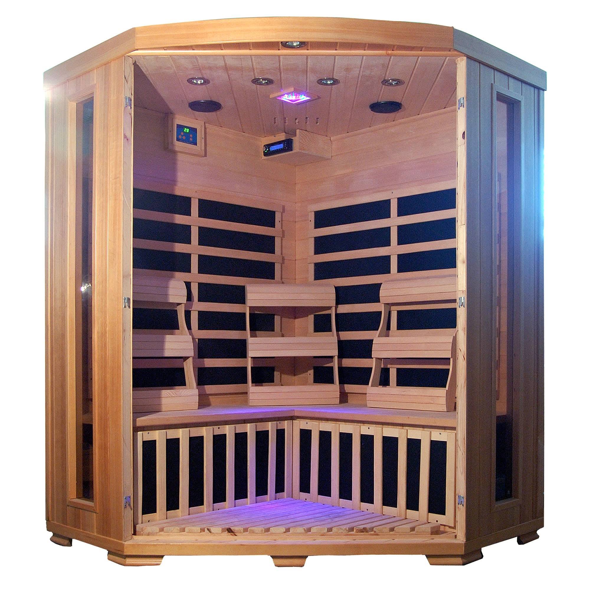 HeatWave Santa Fe 3-Person Hemlock Corner Infrared Sauna w/ 7 Carbon Heaters - SA-2412DX