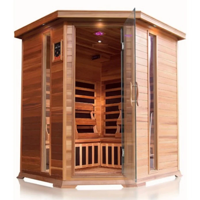 SunRay Bristol Bay 4 Person Corner Cedar Infrared Sauna with Carbon Heaters  -  HL400KC