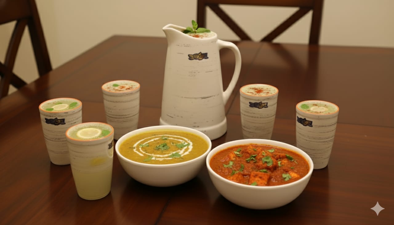 Complete Soda Shikanji Set: 1 Jug, 6 Glasses, and 2 Bowls for Refreshing Beverages