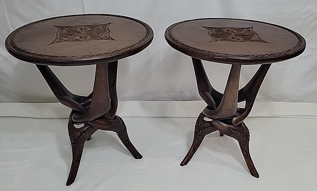 Pair Of African Wood Carved Interlocking Tripod Tables