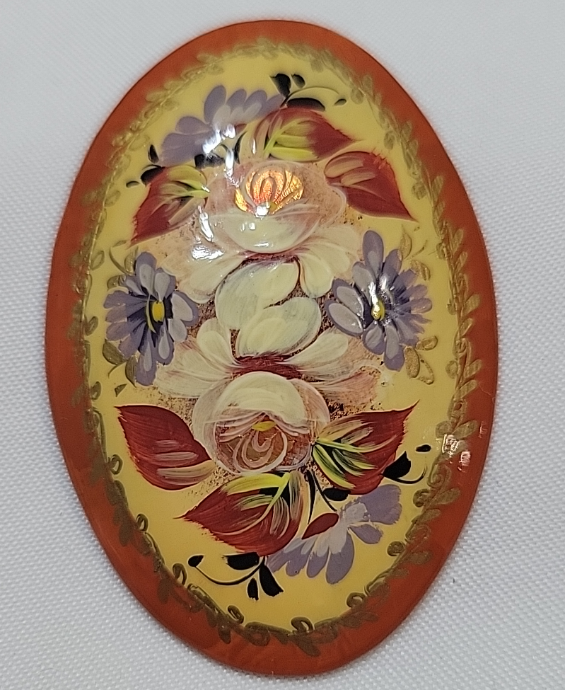 Russian Hand Painted Floral Lacquer Brooch & Earrings