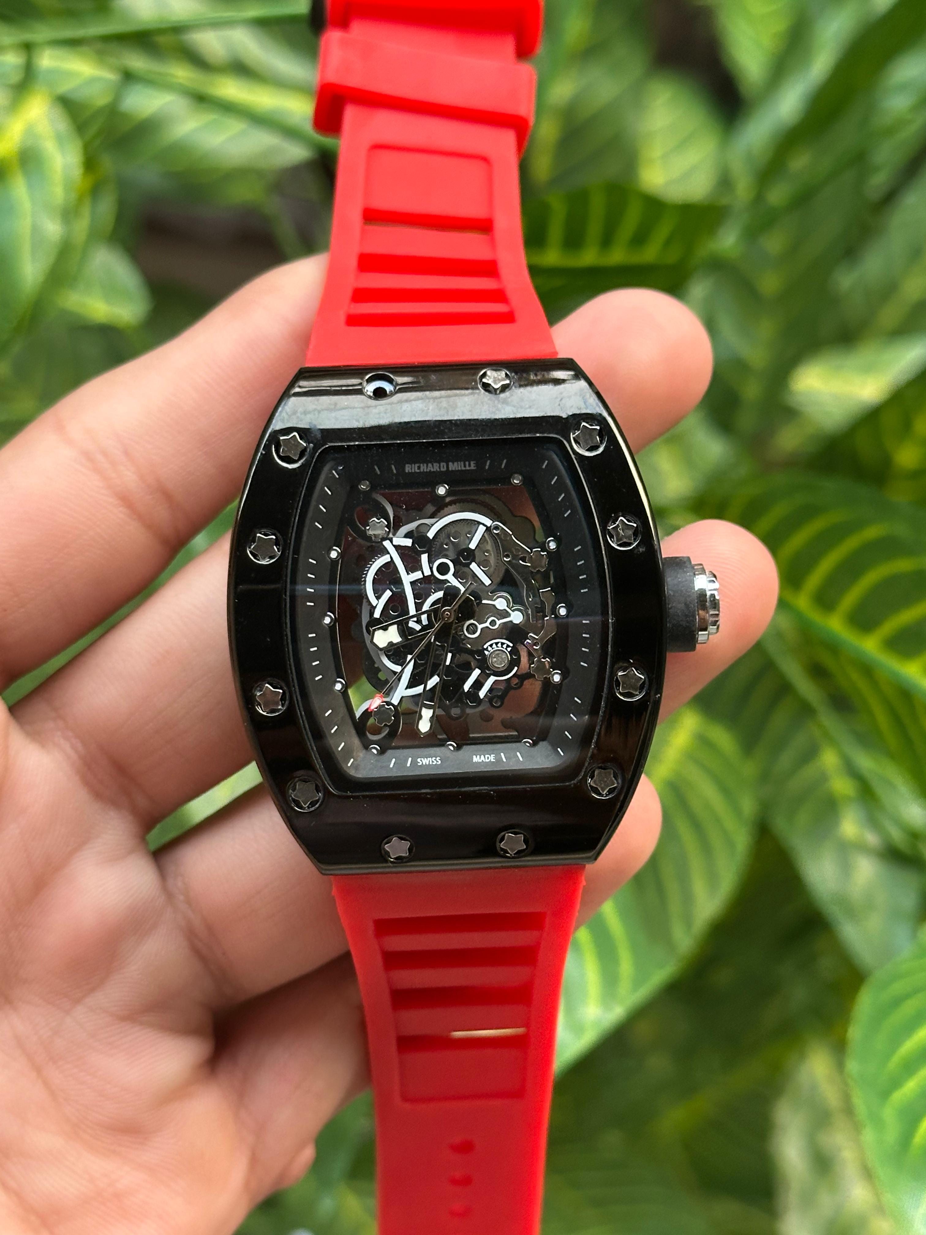 Richard Mille Luxury Skeleton Watch with Red Strap