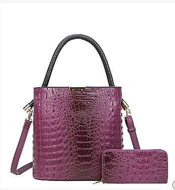 Purple Crocodile Pattern Tote Bag and Wallet Set