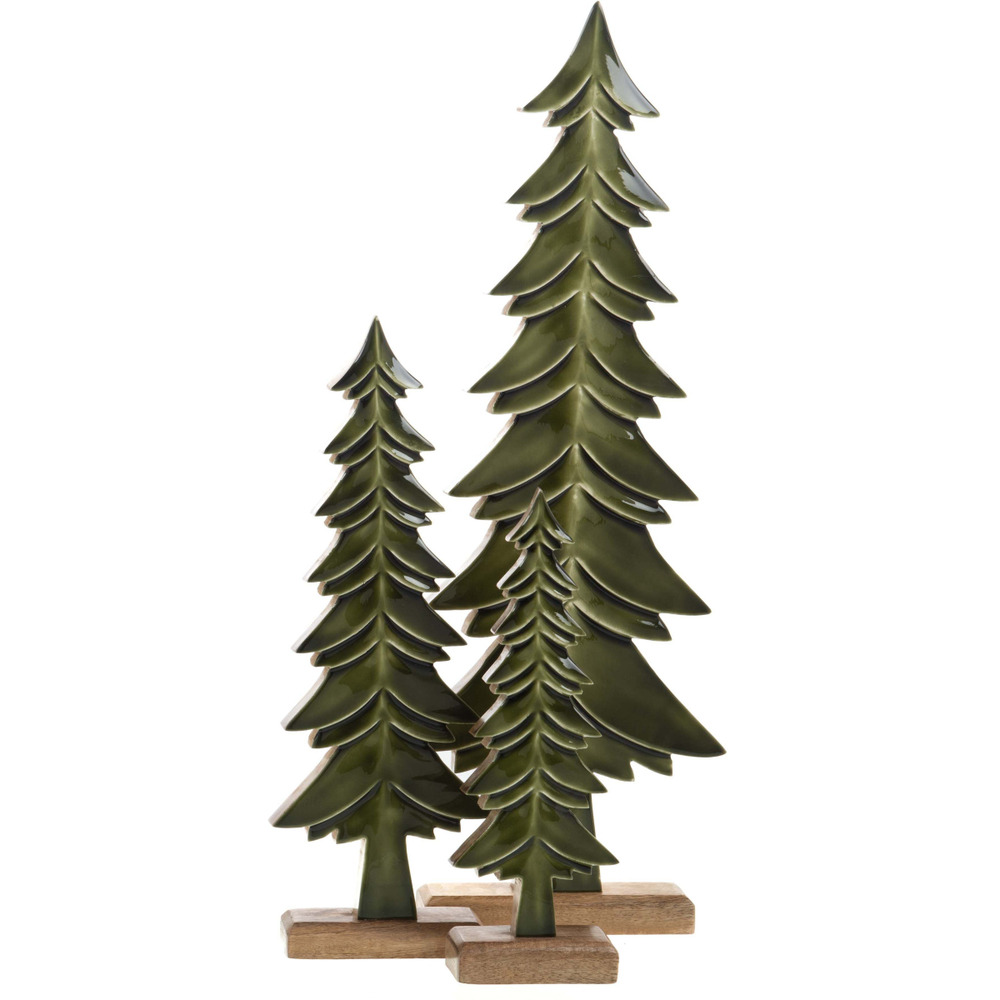 Decorative Christmas trees made of green mango wood (set of 3)