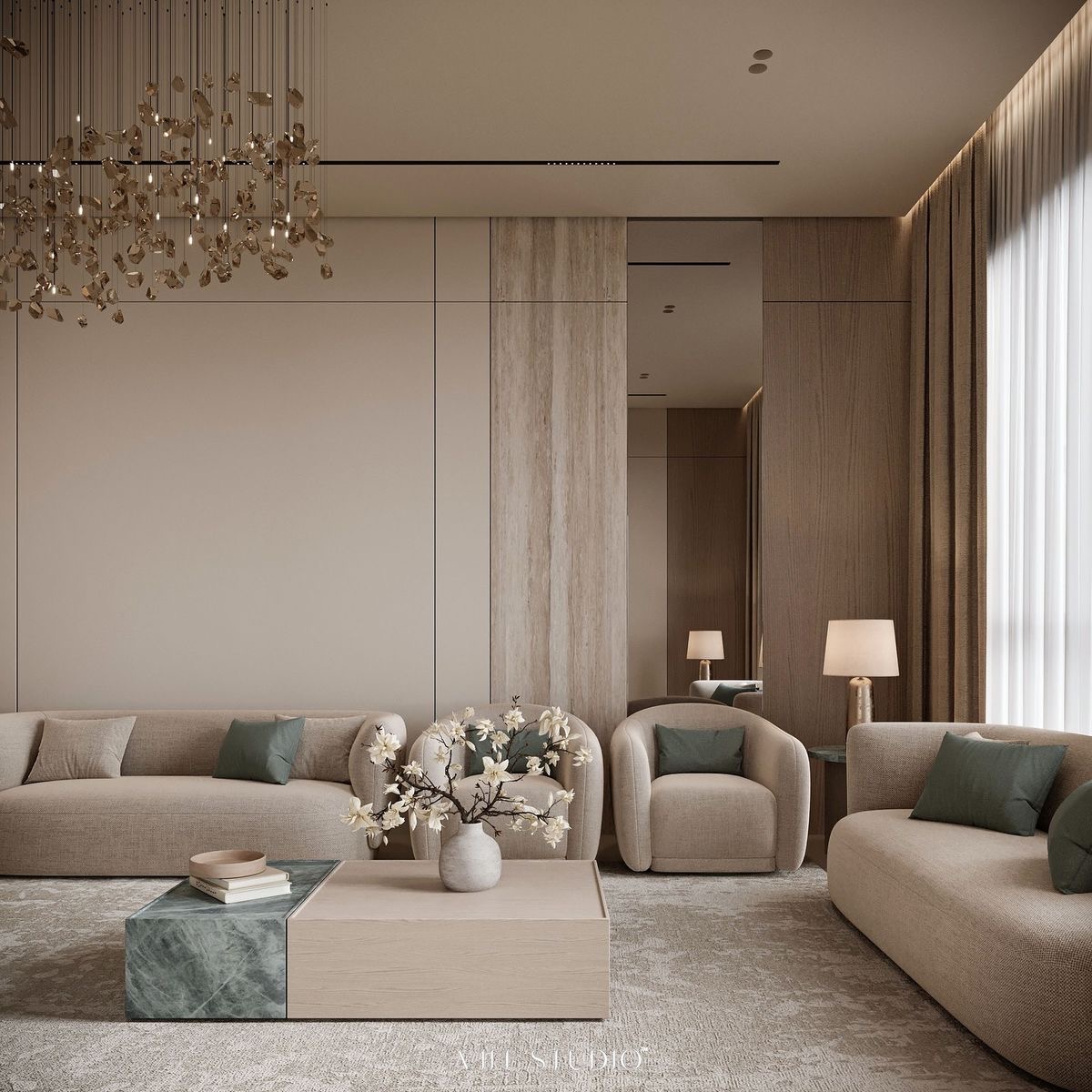 غرفة معيشة عصرية بتصميم مينيمالي وألوان حيادية