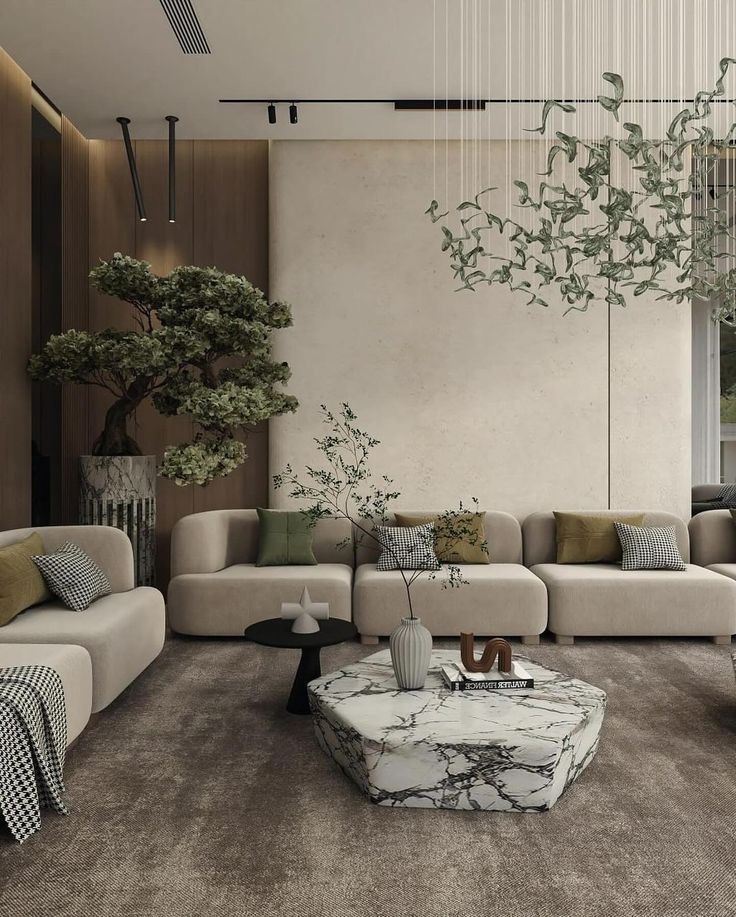 غرفة معيشة عصرية بلمسات طبيعية وألوان هادئة