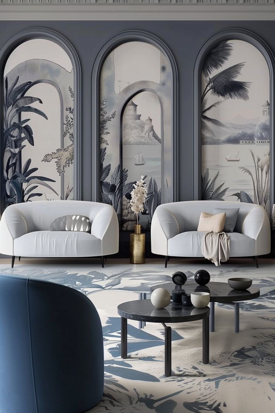 غرفة معيشة عصرية بتصميم فني وألوان حيادية