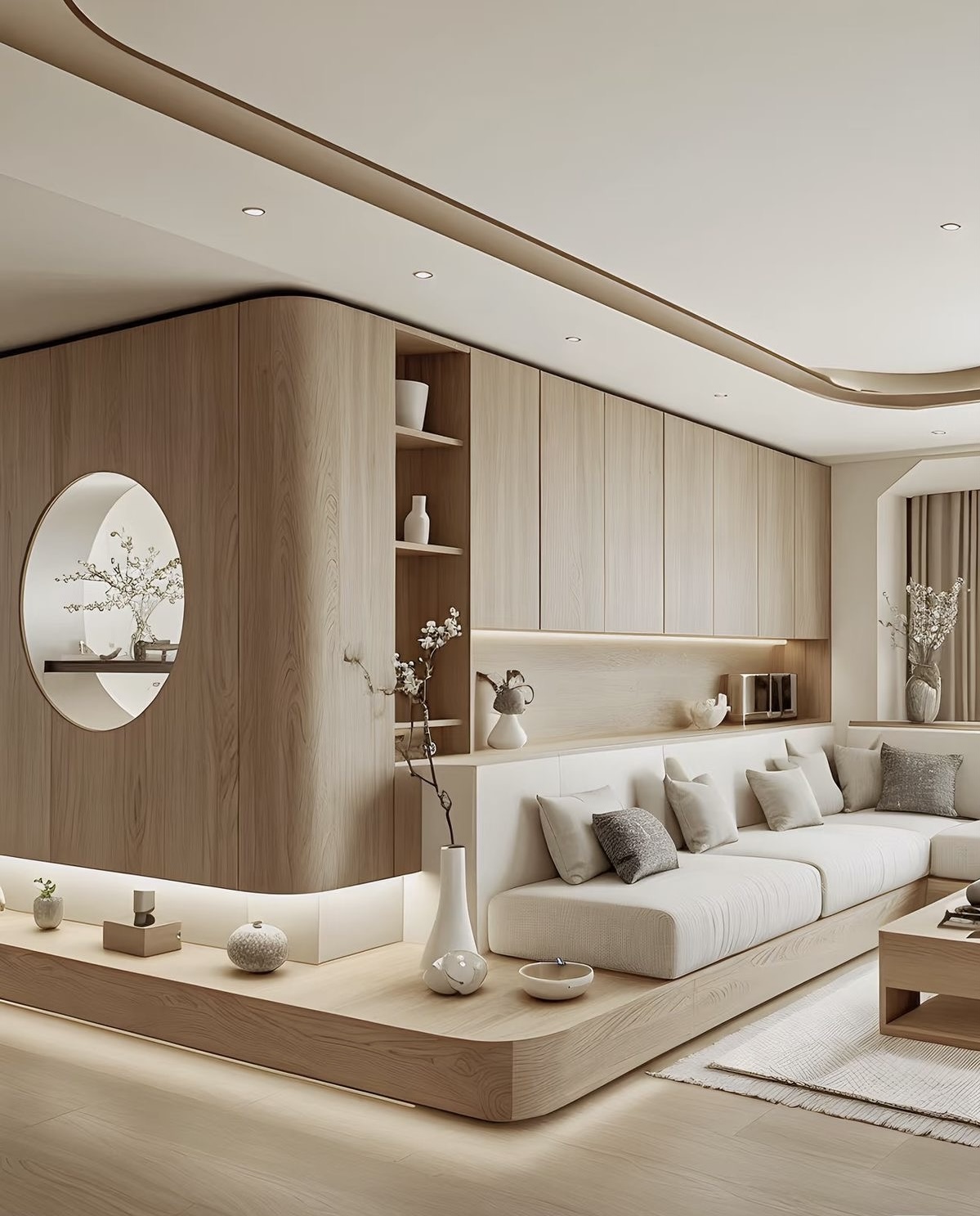 غرفة معيشة عصرية مستوحاة من التصاميم اليابانية