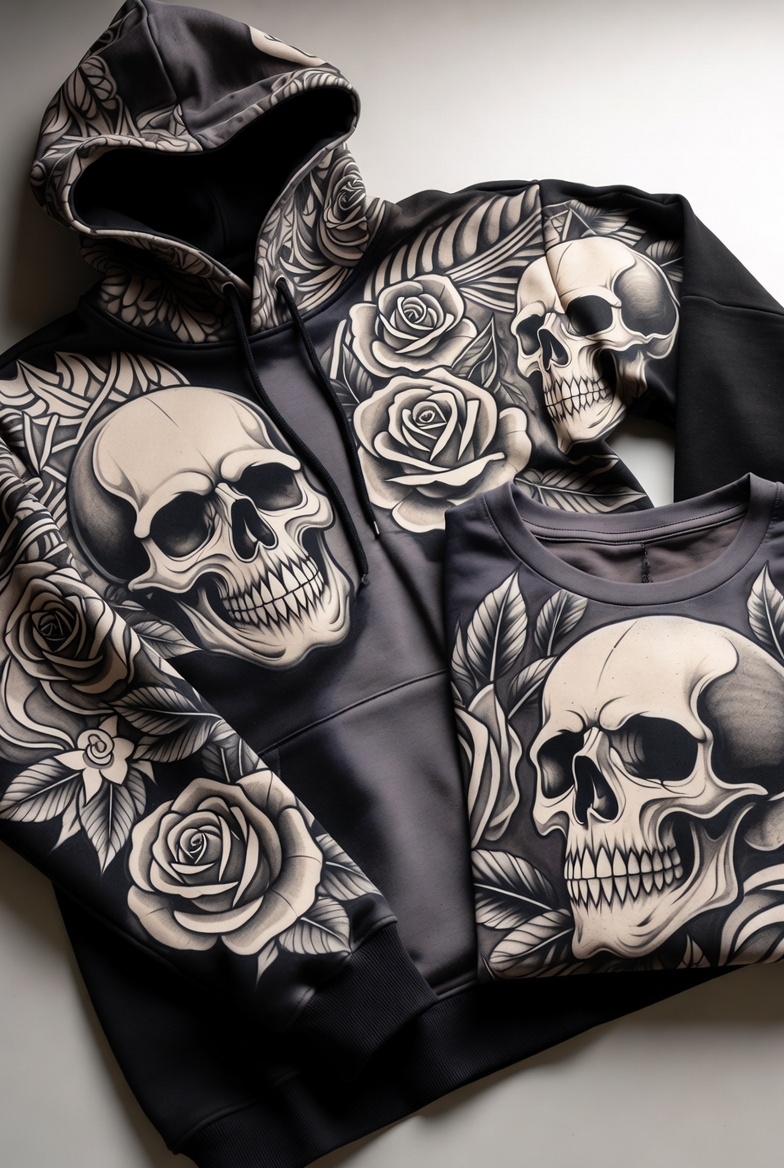 Skull and Roses Hoodie and Sweatshirt Set