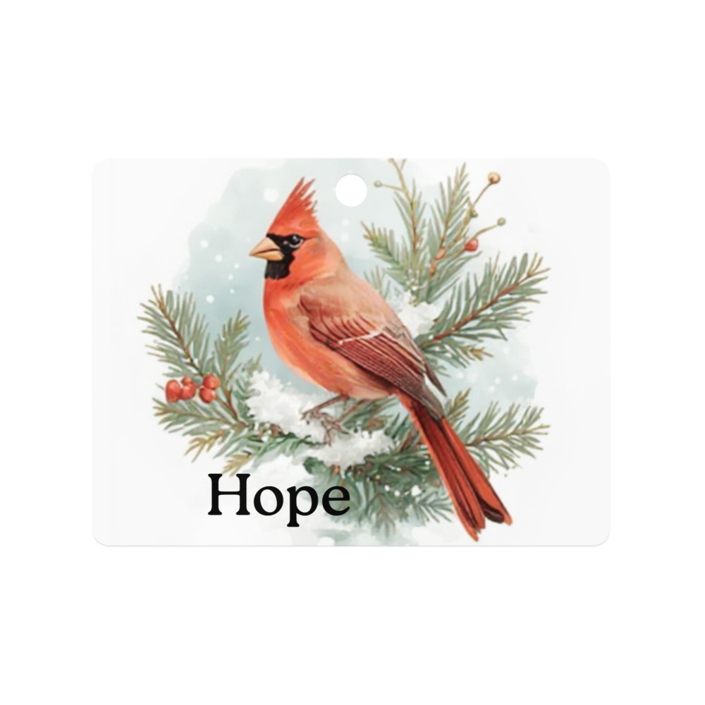 Double-Sided Metal Rectangle Ornament – Hope Cardinal with Red Ribbon