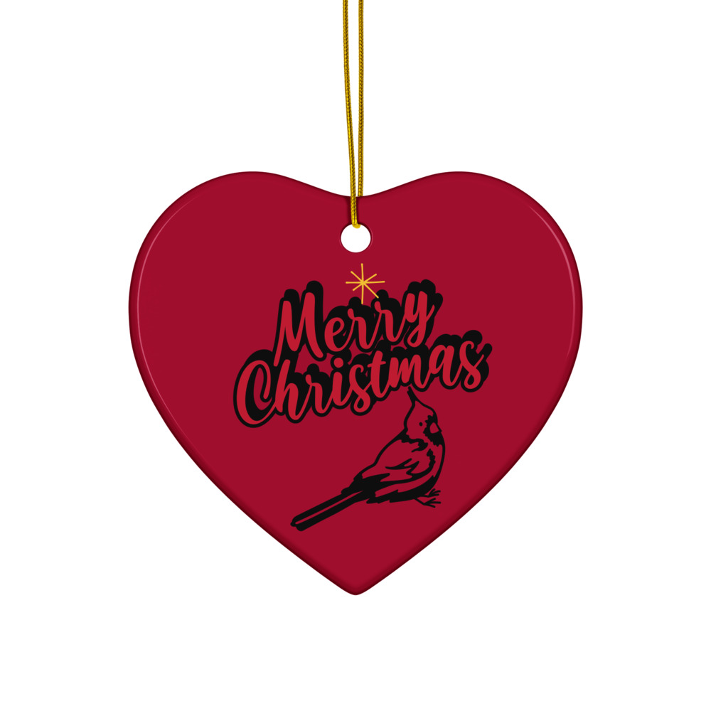 Red Ceramic Heart-Shaped Merry Christmas Ornament – Cardinal Line Art