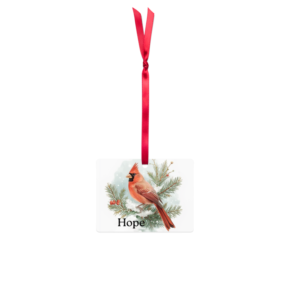 Double-Sided Metal Rectangle Ornament – Hope Cardinal with Red Ribbon