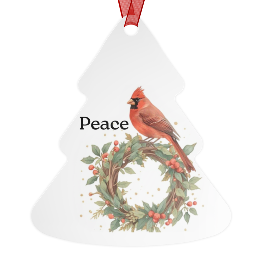 Double-Sided Metal Tree Ornament – Peace Cardinal with Wreath