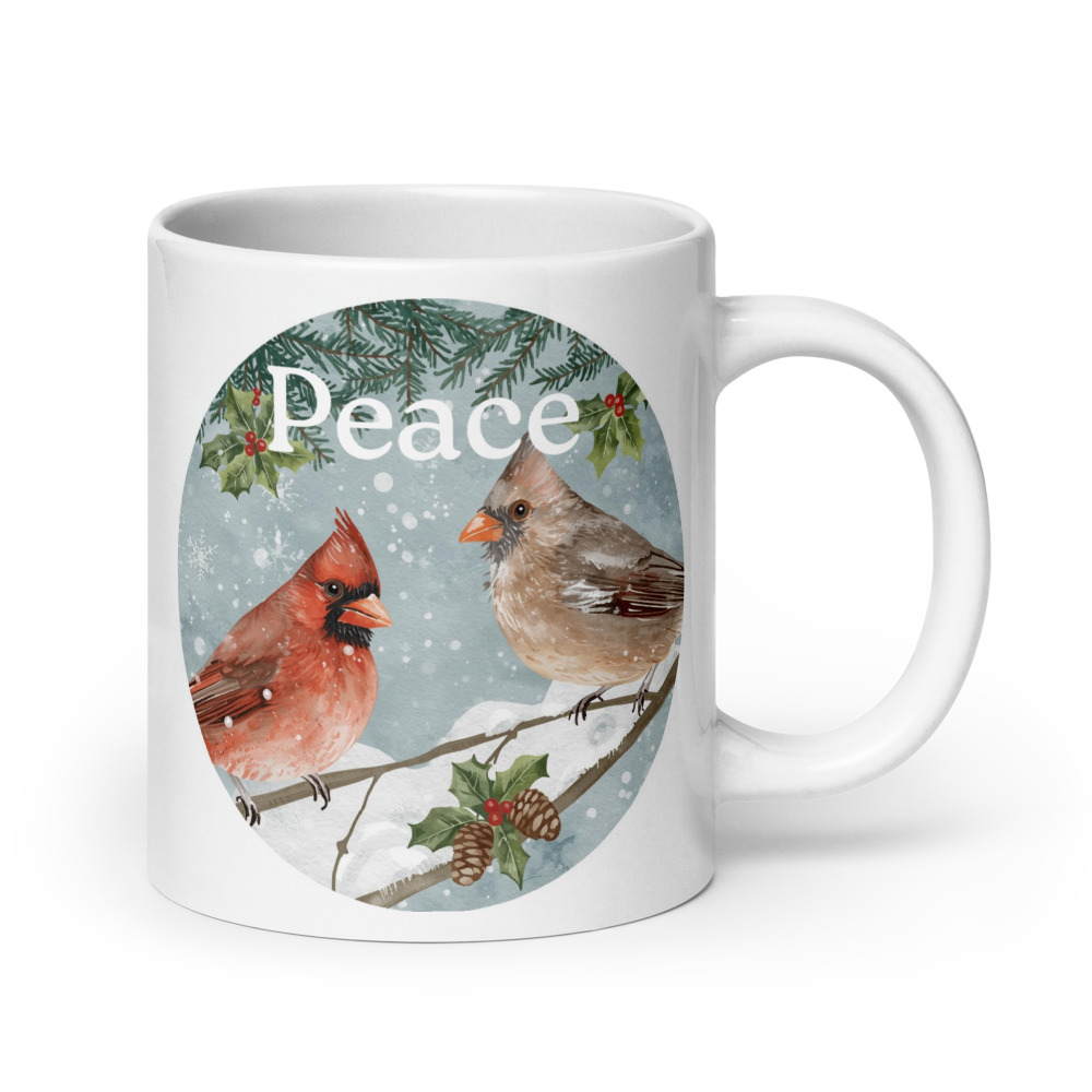 20oz Peace Cardinal Mug – White Ceramic