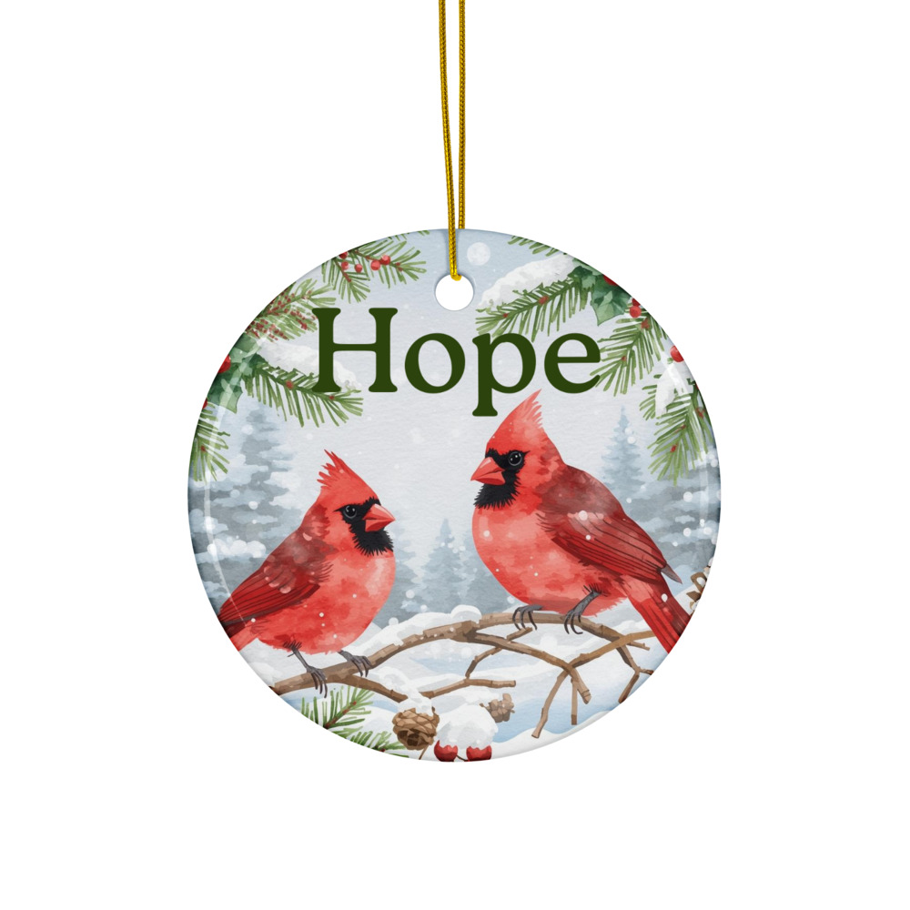 Circle Ceramic Cardinal Ornament – “Hope” with Gold-Toned String