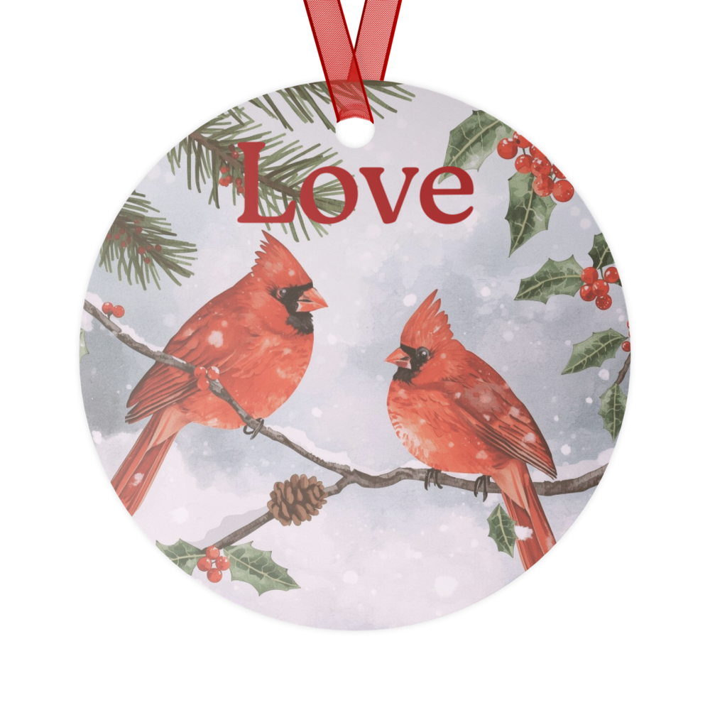 Double-Sided Metal Ornament – Love Cardinal with Red Ribbon