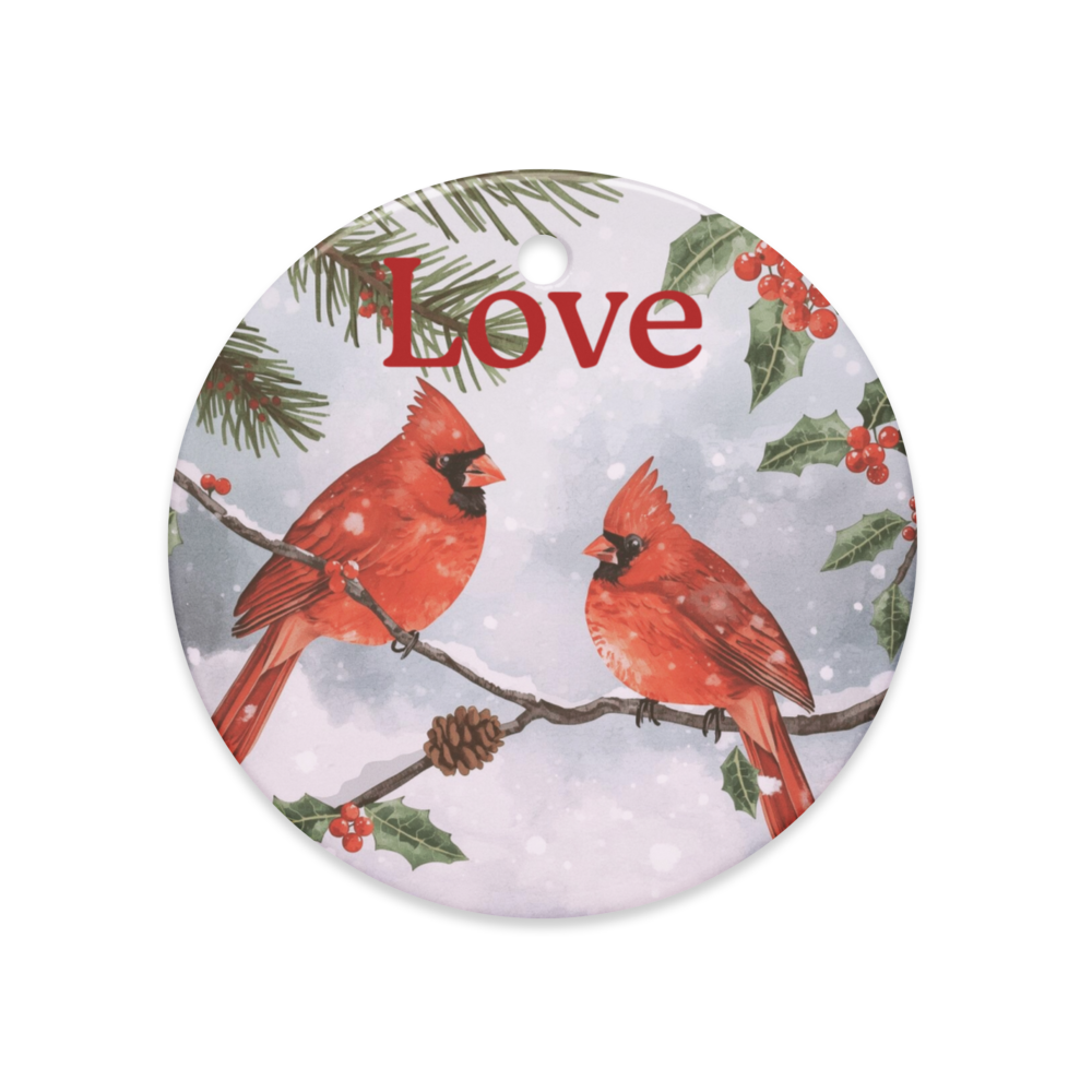 Circle Ceramic Ornament – “Love” Winter Cardinal Design