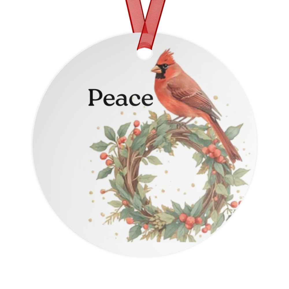 Double-Sided Metal Round Ornament – Peace Cardinal with Wreath