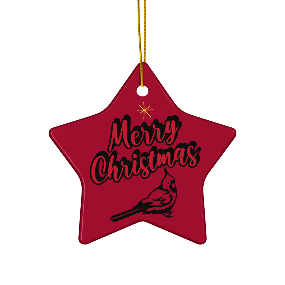 Red Ceramic Star-Shaped Merry Christmas Ornament – Cardinal Line Art
