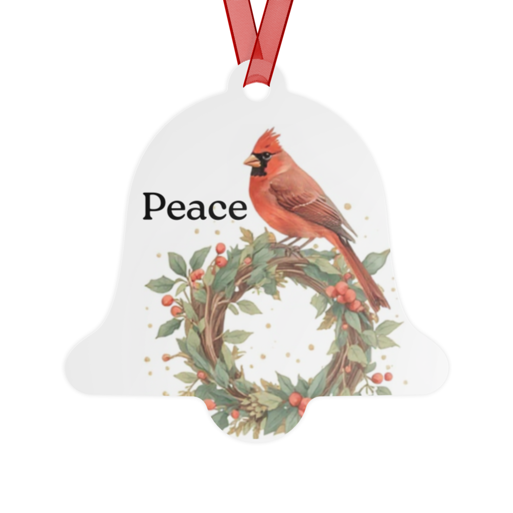 Double-Sided Metal Bell Ornament – Peace Cardinal with Wreath