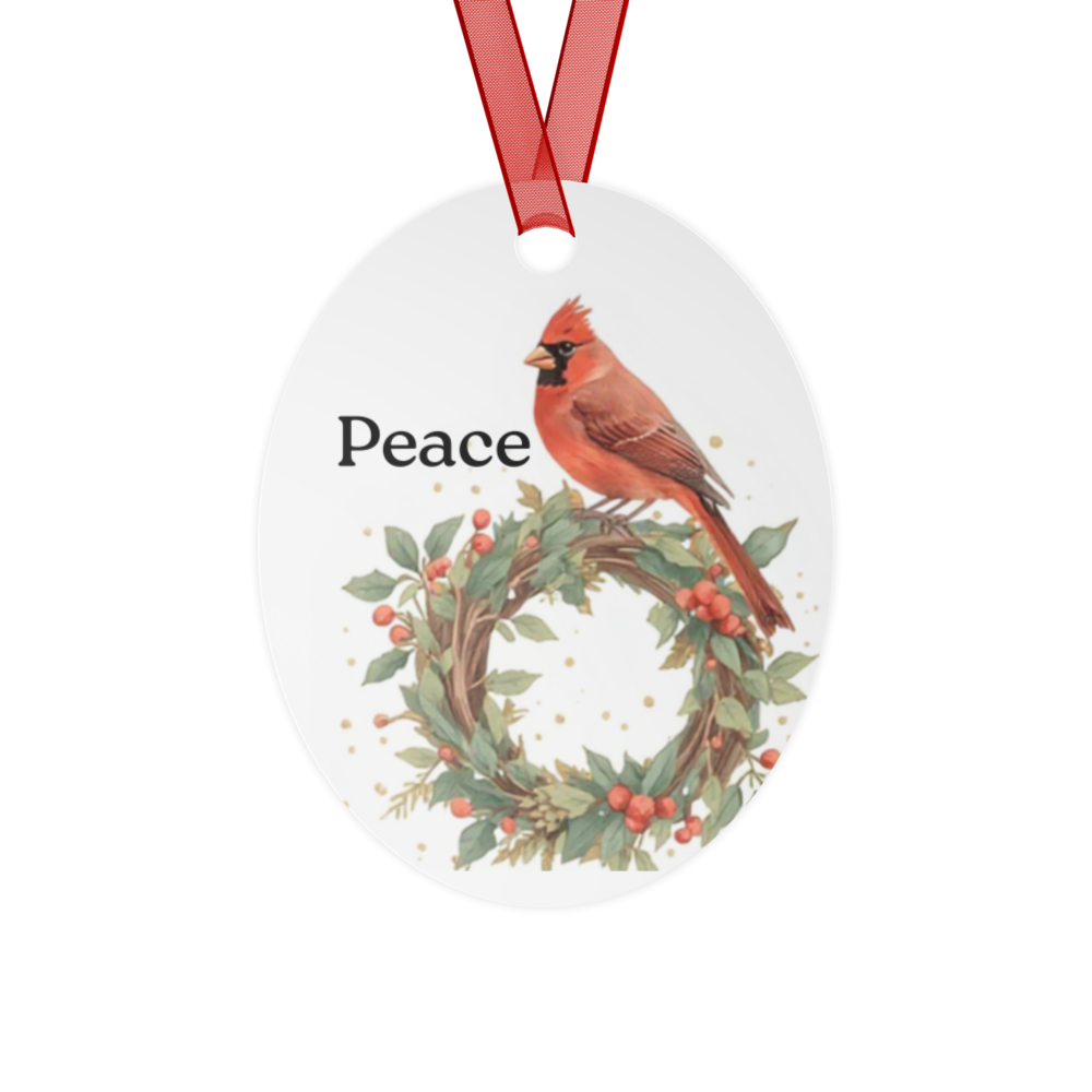 Double-Sided Metal Oval Ornament – Peace Cardinal
