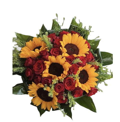 Sunflower and 25 Red Rose Bouquet with green leaves